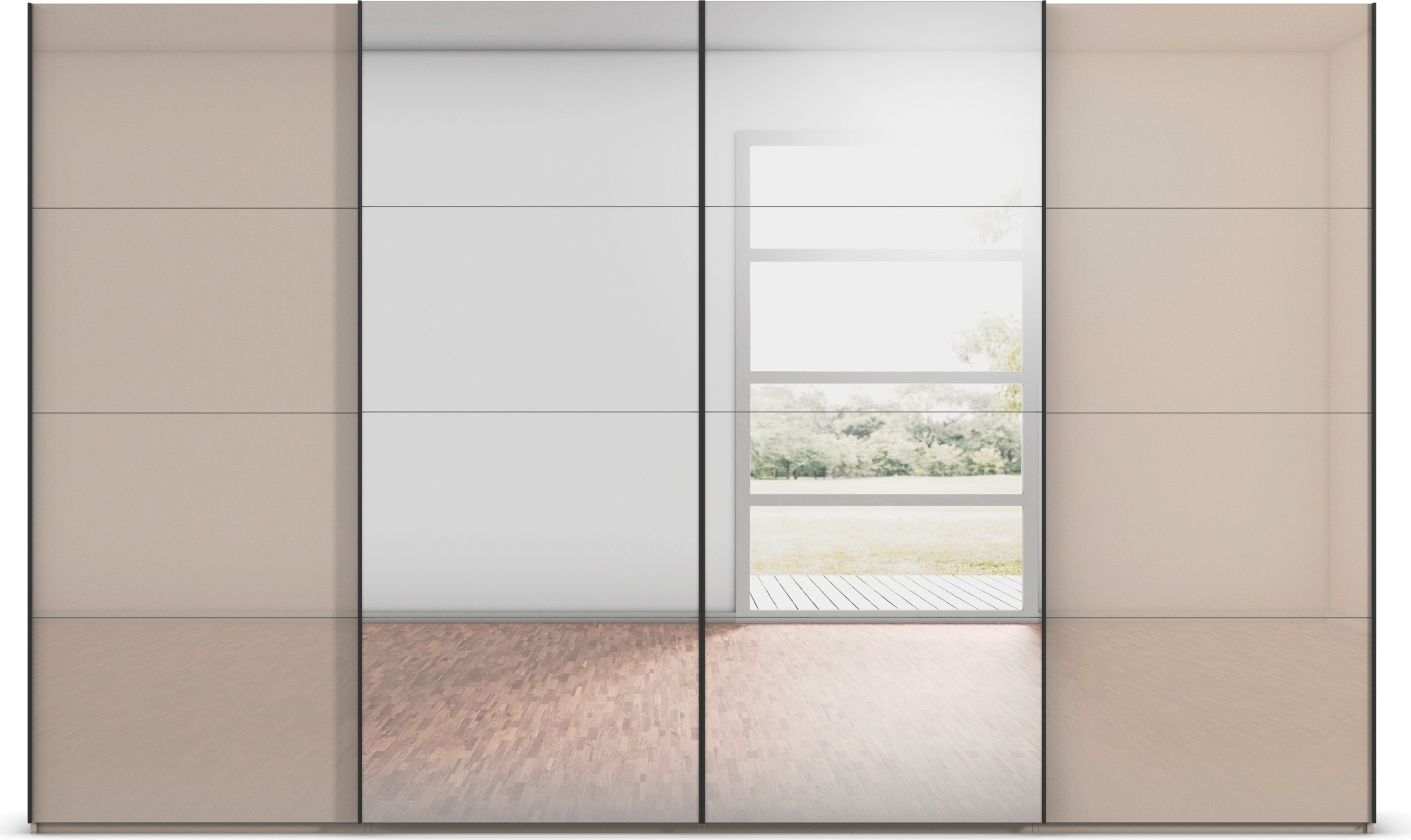rauch Schwebetürenschrank »Kleiderschrank Schrank Garderobe Schlafzimmerschrank SCALE-FYRA«, edle viergeteilte Türen Spiegel/Glas-Mix viele Farben MADE IN GERMANY