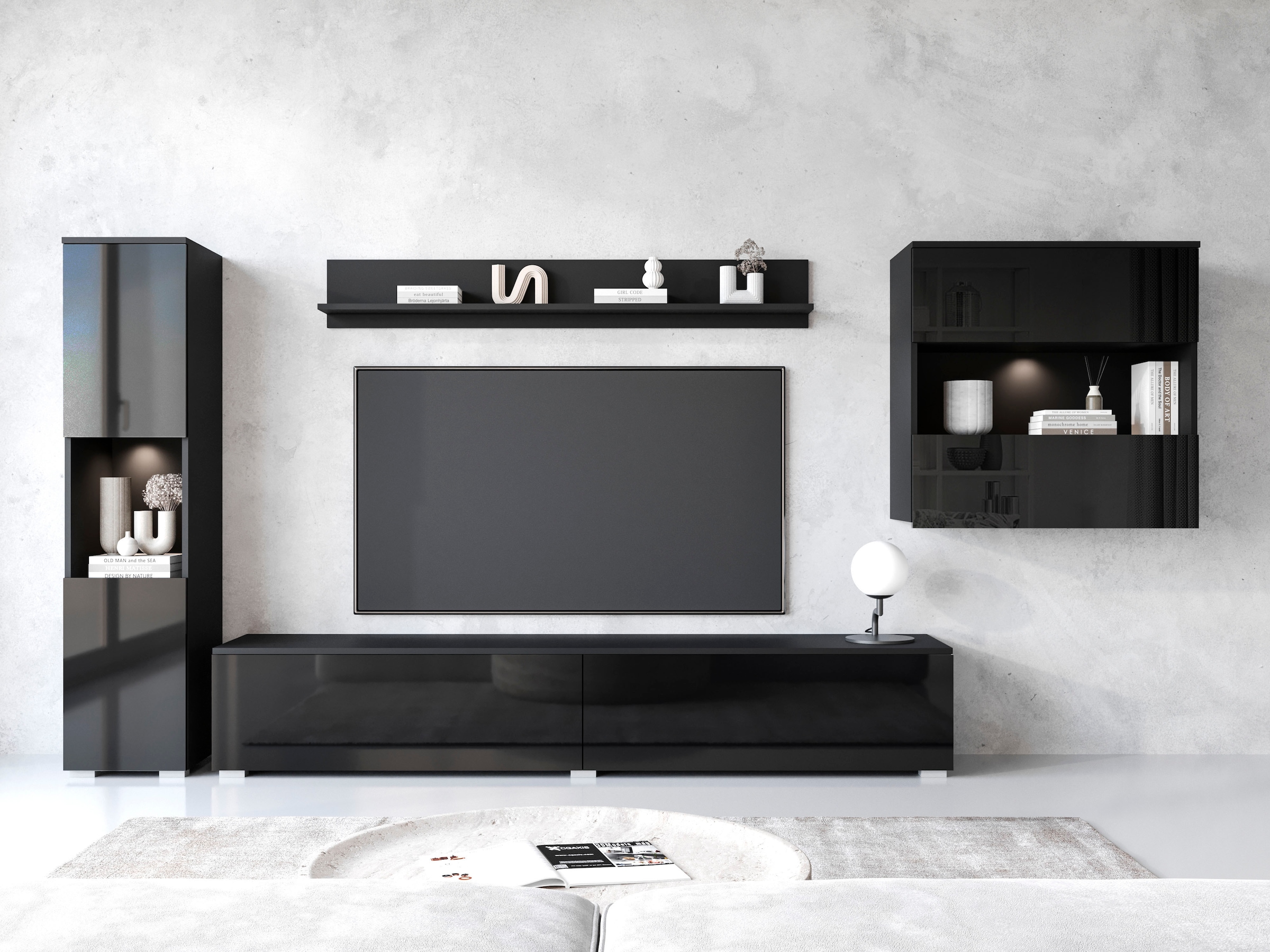 INOSIGN Wohnwand »PARIS«, (Komplett-Set, 4 St.), TV-Wand 300cm breite, grifflose Design, stehend und hängend montierbar