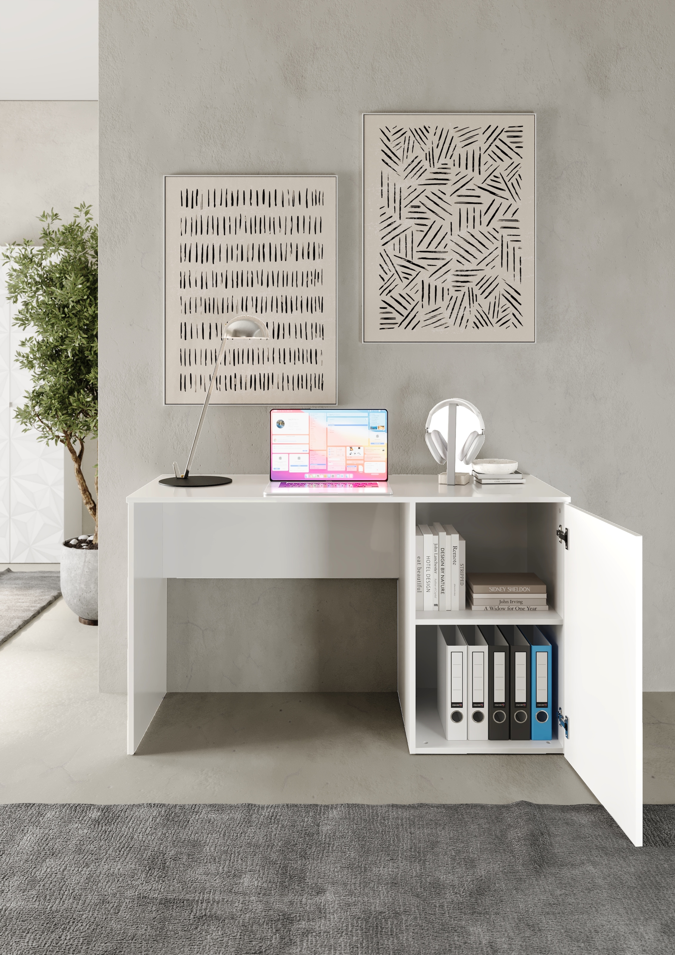 INOSIGN Schreibtisch »Prisma, Breite 120 cm, Tiefe 50 cm, mit Stauraum (1 Tür - 2 Fächer),«, Computertisch, Arbeitstisch, Schminktisch, Tür mit Siebdruck