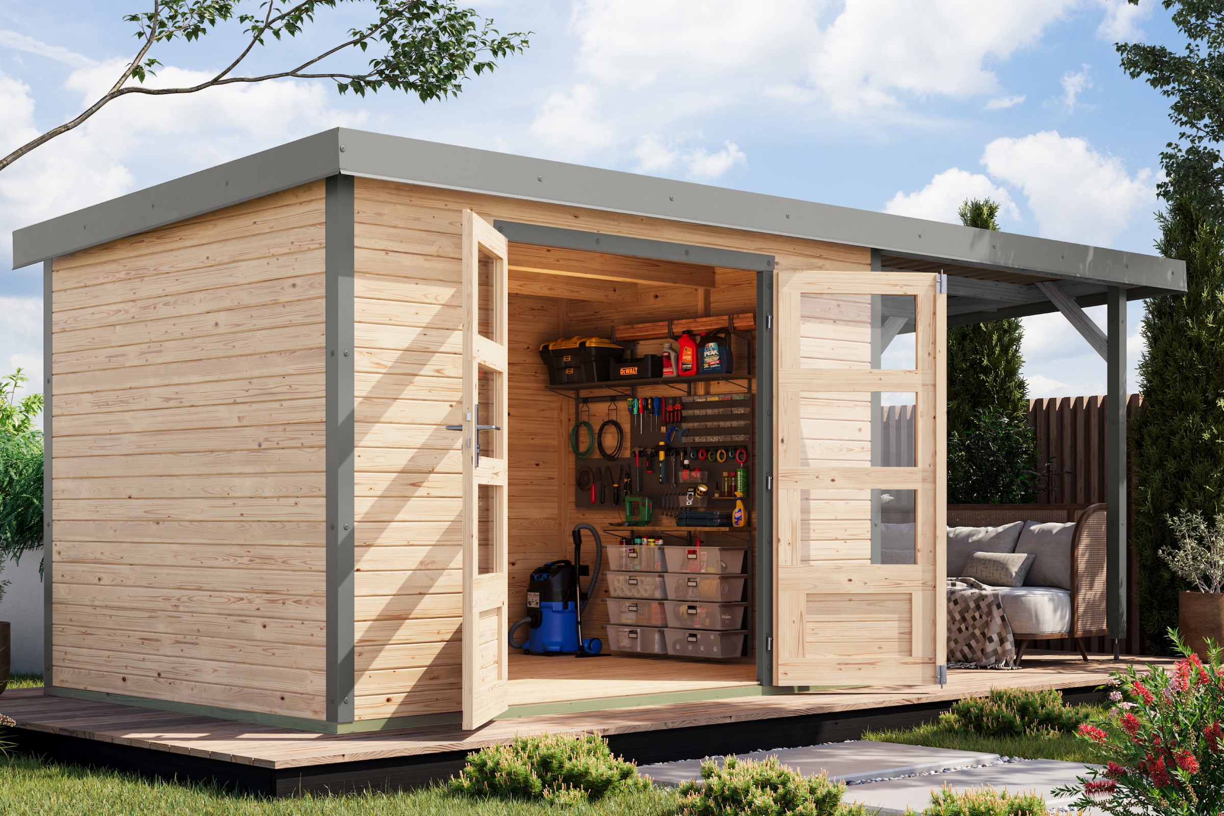 Karibu Gartenhaus »Jupiterino 4 SET, in verschiedenen Farben« inkl. Anbaudach