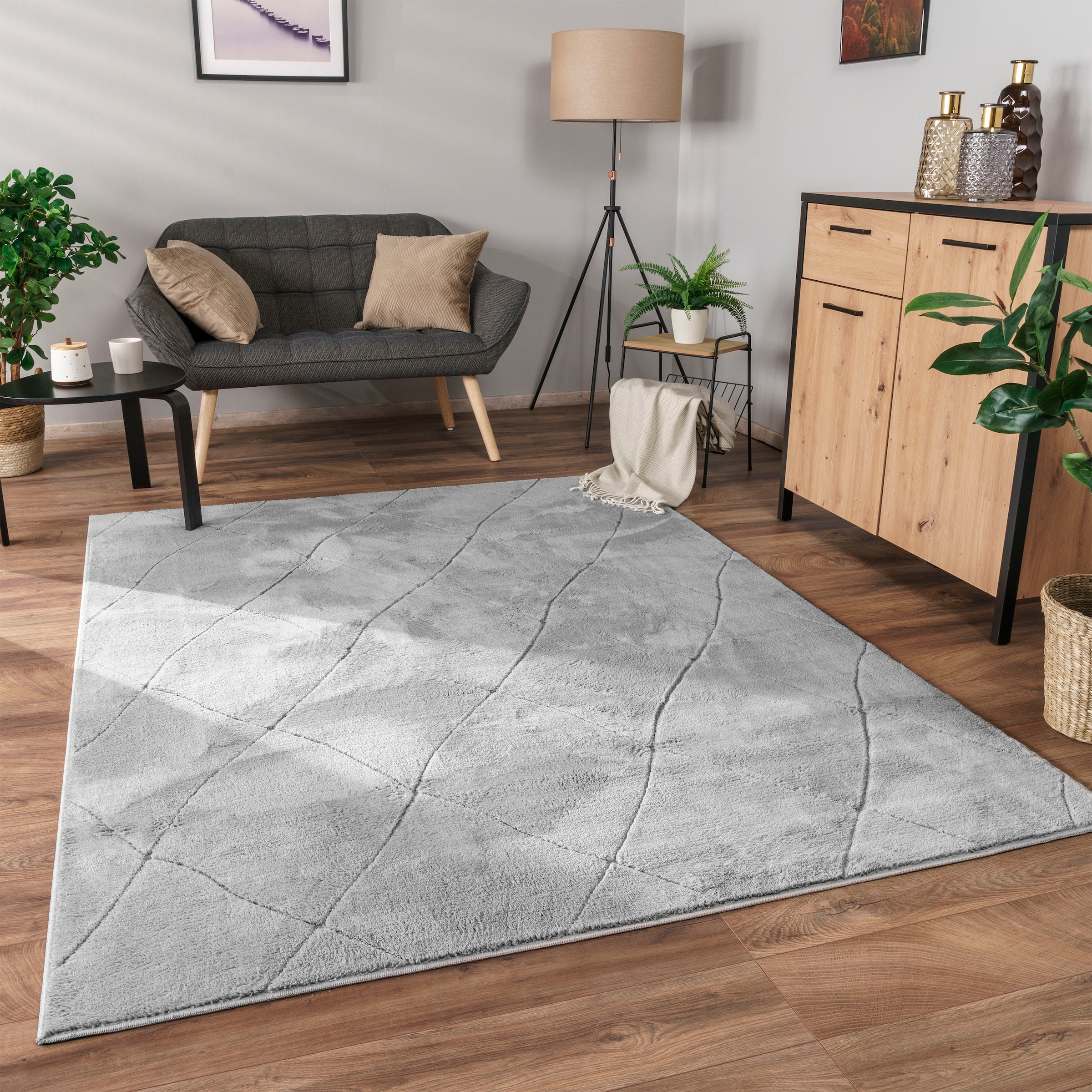 Paco Home Teppich »Utrecht 641«, rechteckig, 4 mm Höhe, Kurzflor, Uni Farben, 3D-Design, Rauten Muster, besonders weich