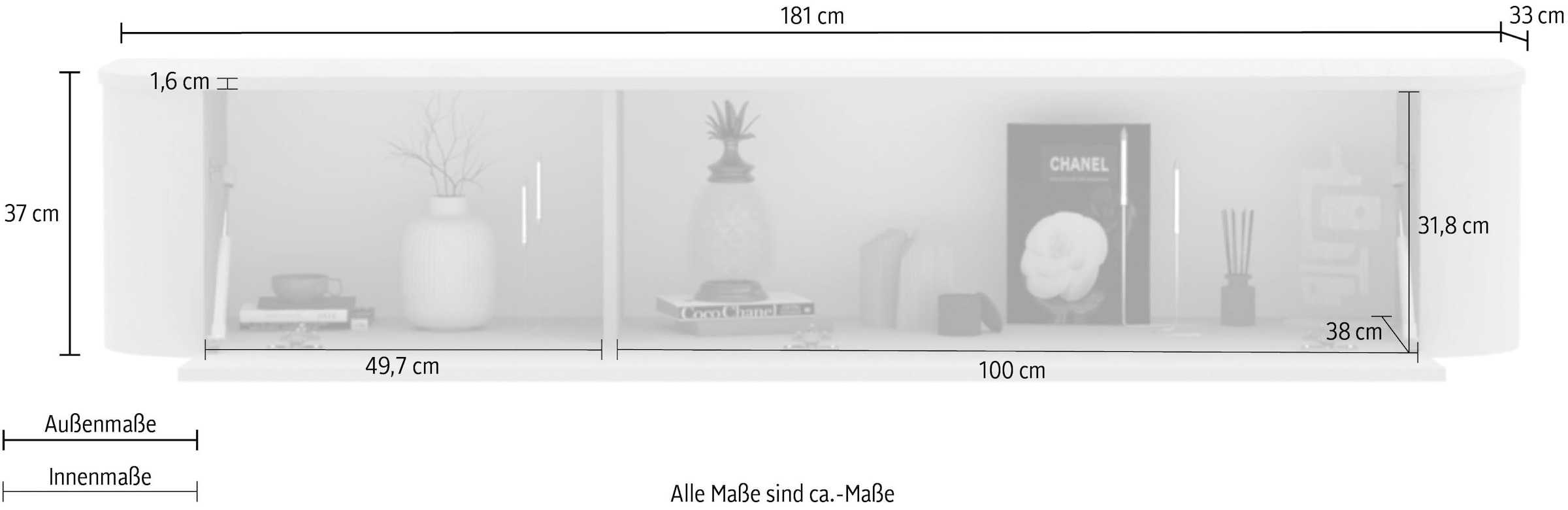 INOSIGN Lowboard »Lido, 181 cm breit, 1 Klappe, TV-Schrank, TV-Kommode, Medienboard« Formgebogenes MDF, Stirnseiten Rundung, Push-to-open, hängend/stehend
