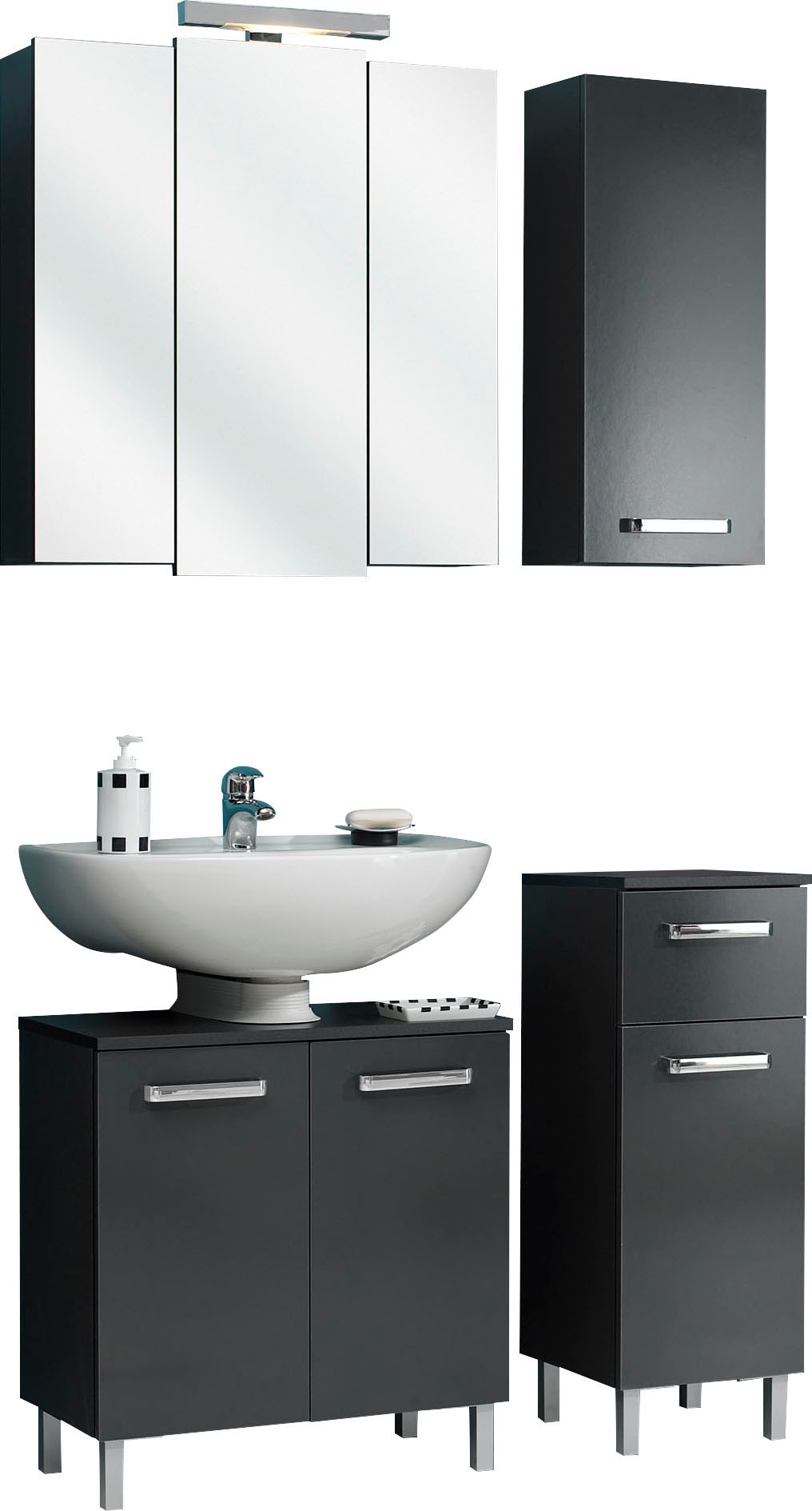 Saphir Badmöbel-Set »Quickset 4-teilig, Waschbeckenunterschrank mit LED-Spiegelschrank«, (4 St.), Unterschrank, Hängeschrank, inkl. Türdämpfer, Griffe Chrom Glanz