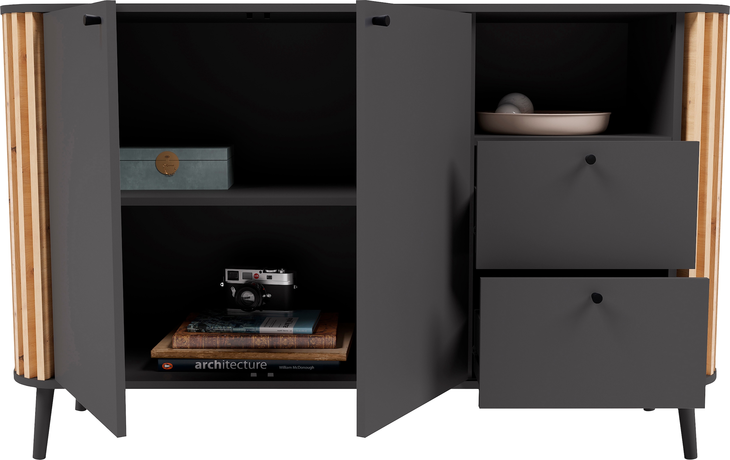 INOSIGN Sideboard »Stavanger, Breite 138cm, Paneel-Stäbchen-Optik, 2 Schubkästen, 2 Türen«, (1 St.), 1 offenes Fach, 1 Einlegeboden, Anrichte, Schrank, Kommode, Wohnmöbel