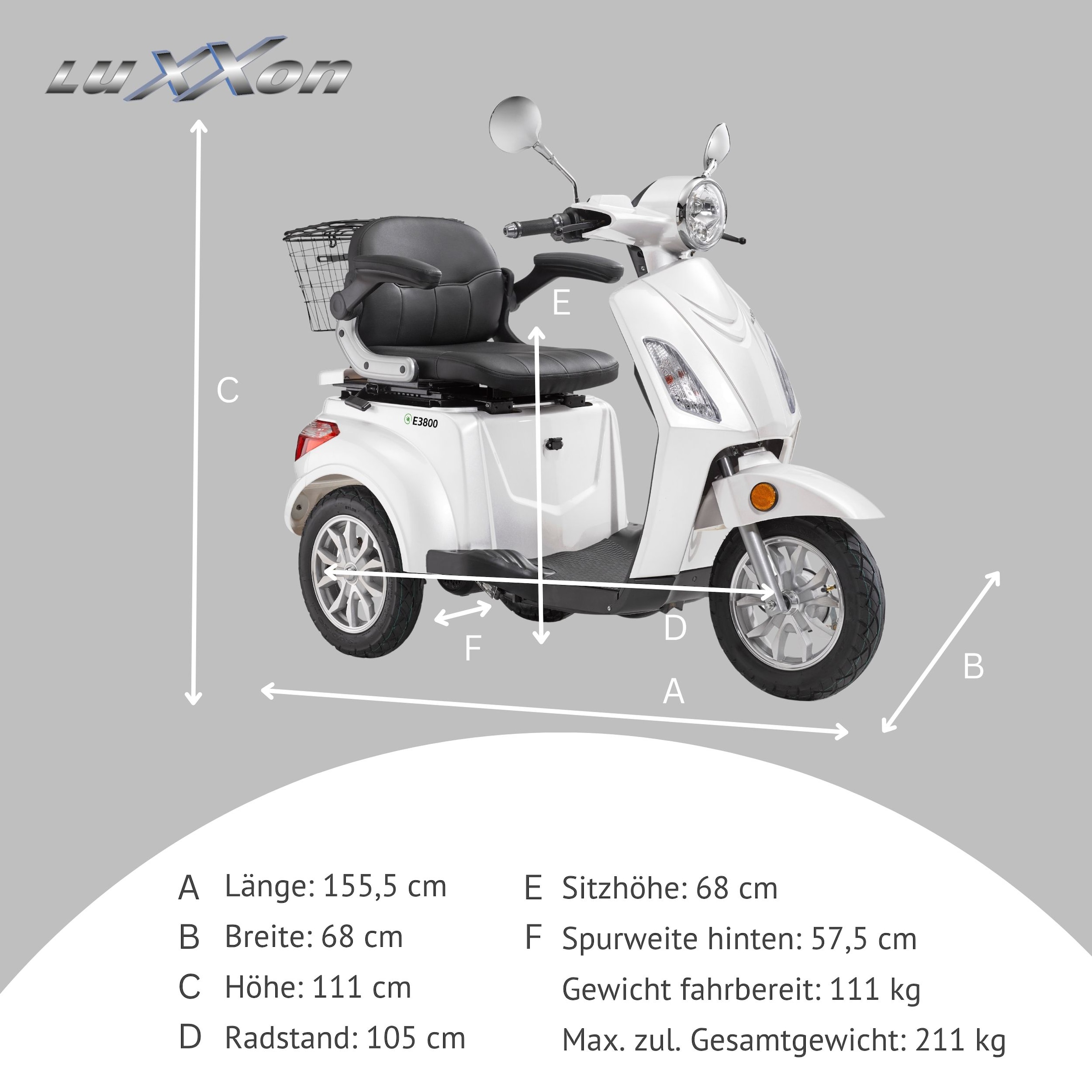 Luxxon Elektromobil »E3800« 800 W 20 km/h Elektroroller, Korb,  bis zu 65 km Reichweite, Elektro Dreirad, Seniorenmobil