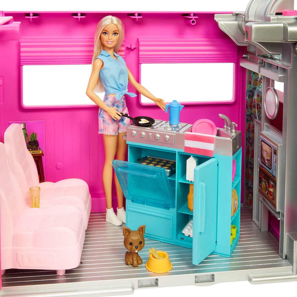 Barbie Spielzeug-Auto »Super Abenteuer-Camper«, mit Pool, Rutsche und über 60 Zubehörteilen