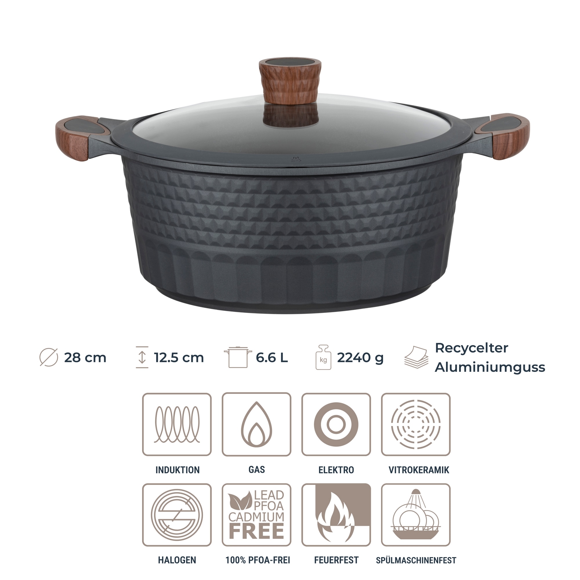 RESTO Kitchenware Topf-Set »Capella mit Deckel, antihaftbeschichtet und spülmaschinenfest«, Aluminiumguss, (Set, 6 tlg., 1x Stielkasserolle Ø 16 cm, je 1x Bratentopf Ø 24 cm + Ø 28 cm), Für alle Herdarten geeignet, auch Induktion, im Geschenkkarton