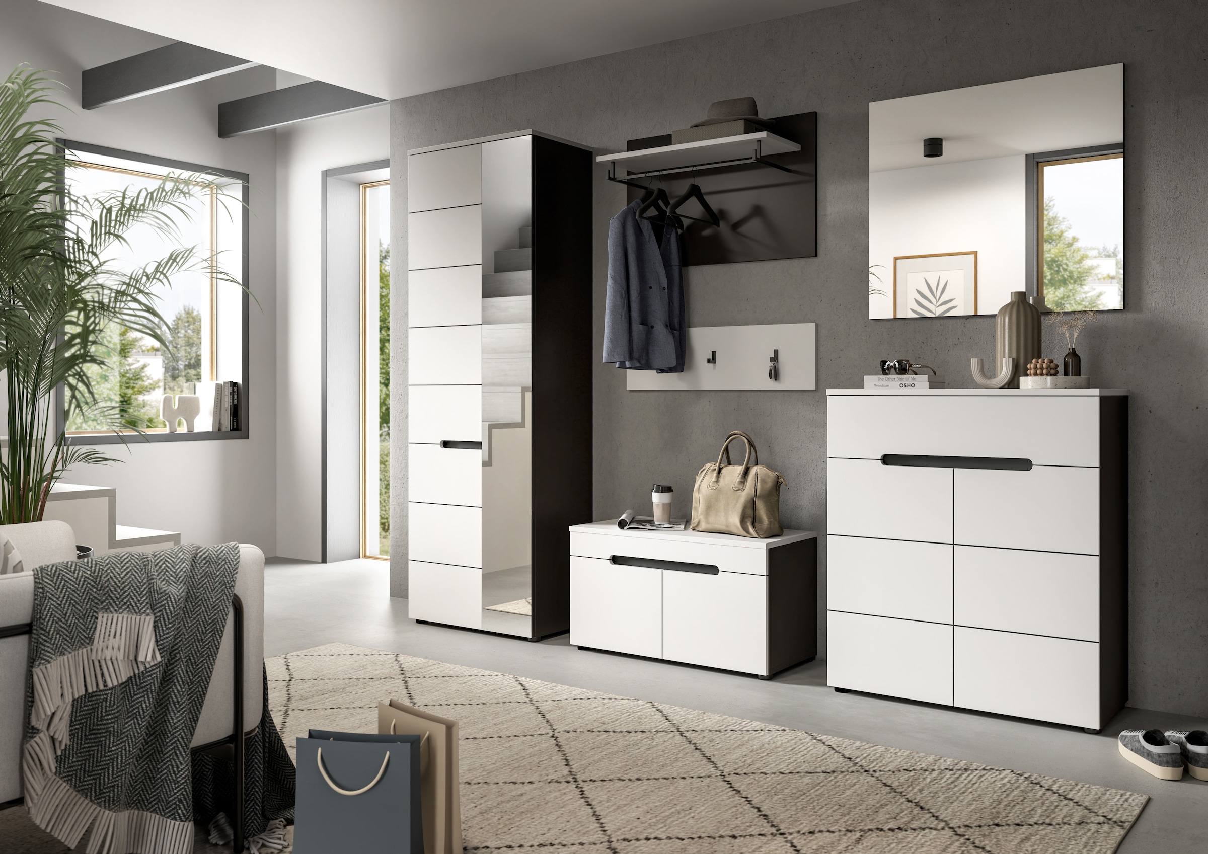 Home affaire Garderoben-Set »Rehat, Garderobenkombination, Breite 255cm« Garderobenschrank, Sitzbank, Paneel, Hakenleiste, Spiegel, Kommode, 