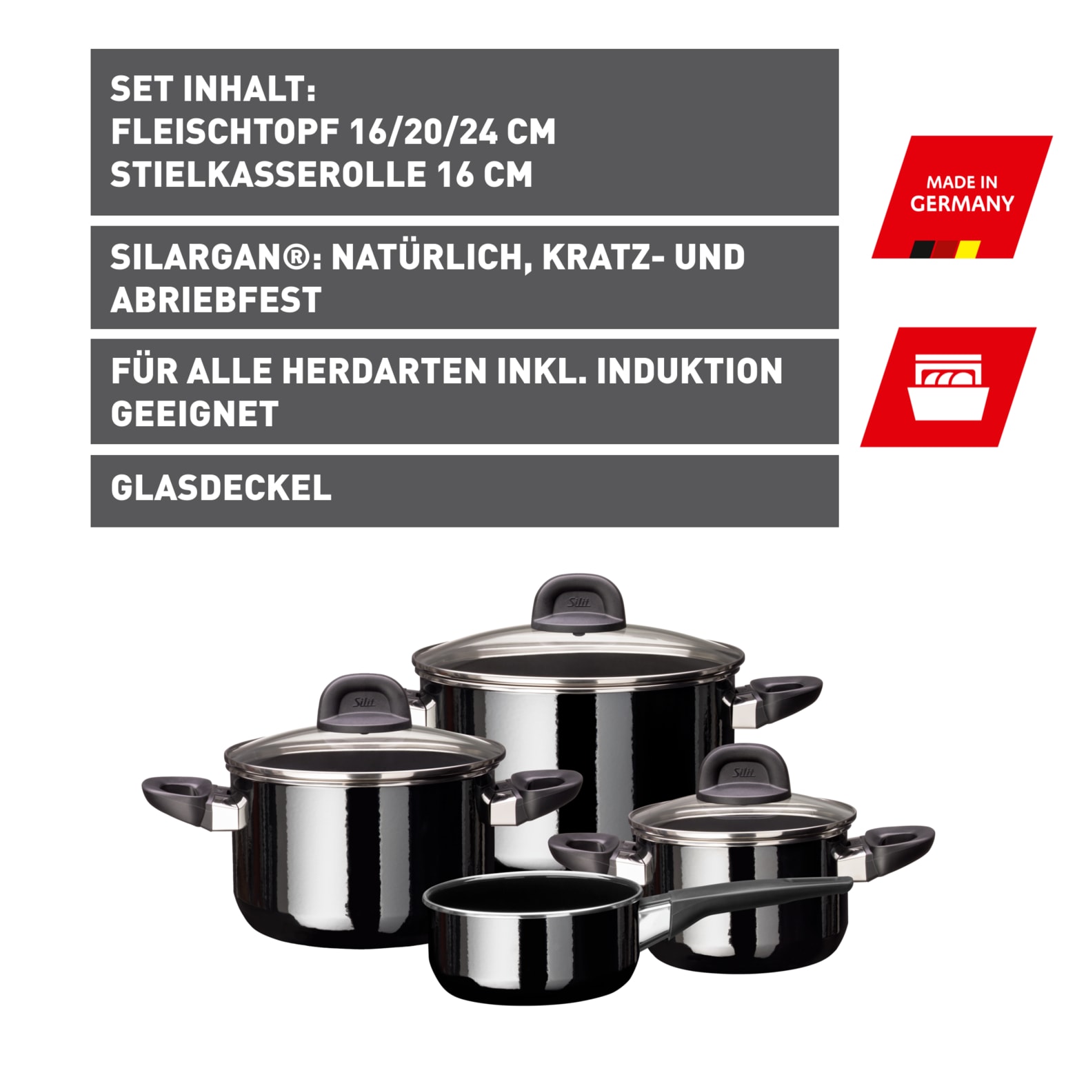 Silit Topf-Set »Modesto Line Black, Induktionstöpfe spülmaschinengeeignet«, Silargan®, (Set, 7 tlg., je 1 Fleischtopf mit Deckel Ø 16/20/24 cm, 1x Stielkasserolle Ø 16 cm), für alle gängigen Herdarten geeignet, Made in Germany