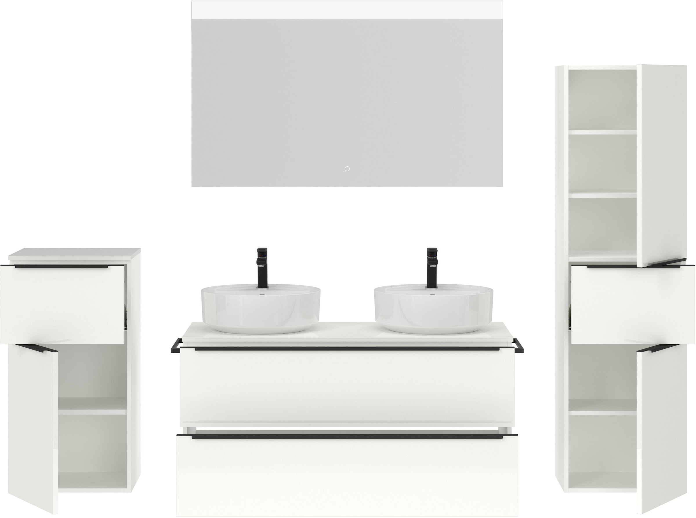 nobilia® Badmöbel-Set »Alvene«, (4 St., vormontiert, mit Soft-Close), Hochglanz, inkl. Spiegel mit Touch-Sensor, in vier Breiten