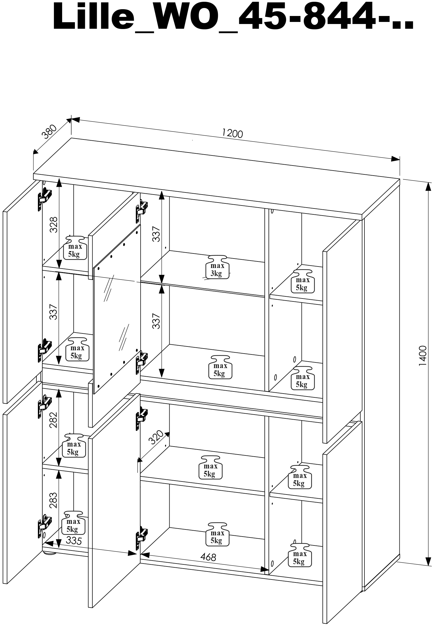 HBZ Highboard »Lille mit LED-Beleuchtung, Wohnzimmerschrank BxHxT 120x140x38 cm«, (1 St.), Mit 5 Türen, 5 Einlegeböden und 1 Glasboden