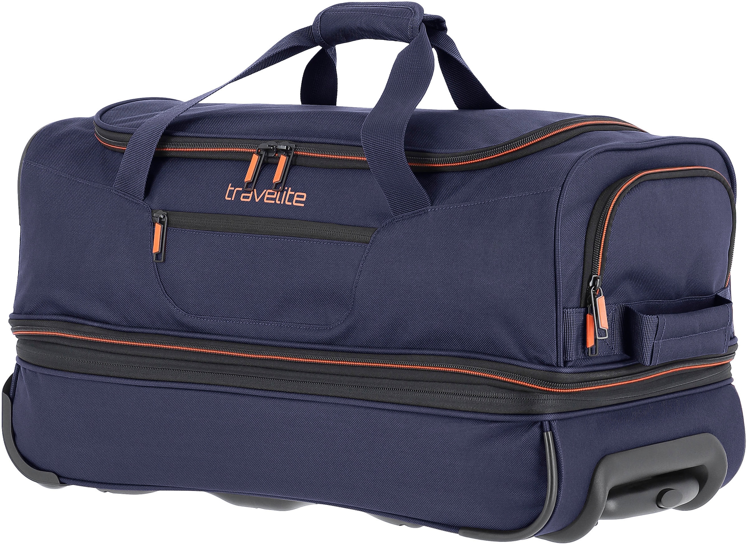 travelite Reisetasche »Basics, 55 cm, marine/orange«, Duffle Bag Sporttasche mit Trolleyfunktion und Volumenerweiterung