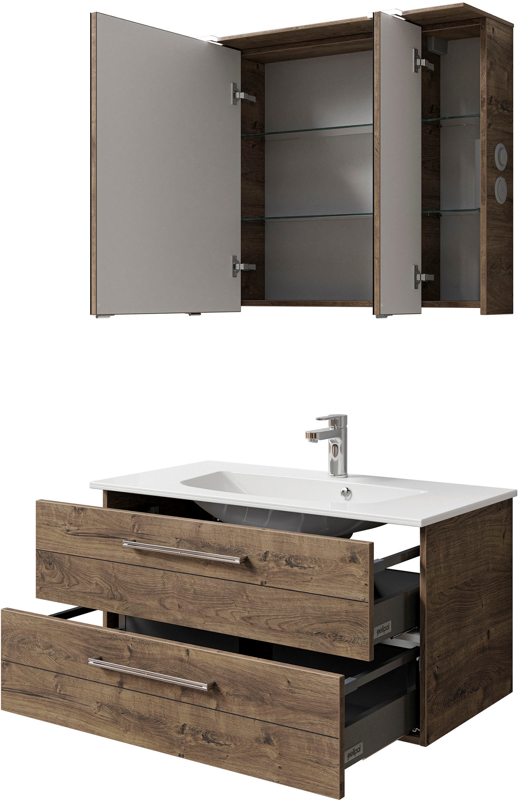 Saphir Badmöbel-Set »Serie 6025 2-teilig Mineralmarmor-Waschtisch mit LED-Spiegelschrank«, (2 St.), Waschplatz 97 cm breit, 2 Schubladen, 3 Spiegel-Türen, inkl Türdämpfer