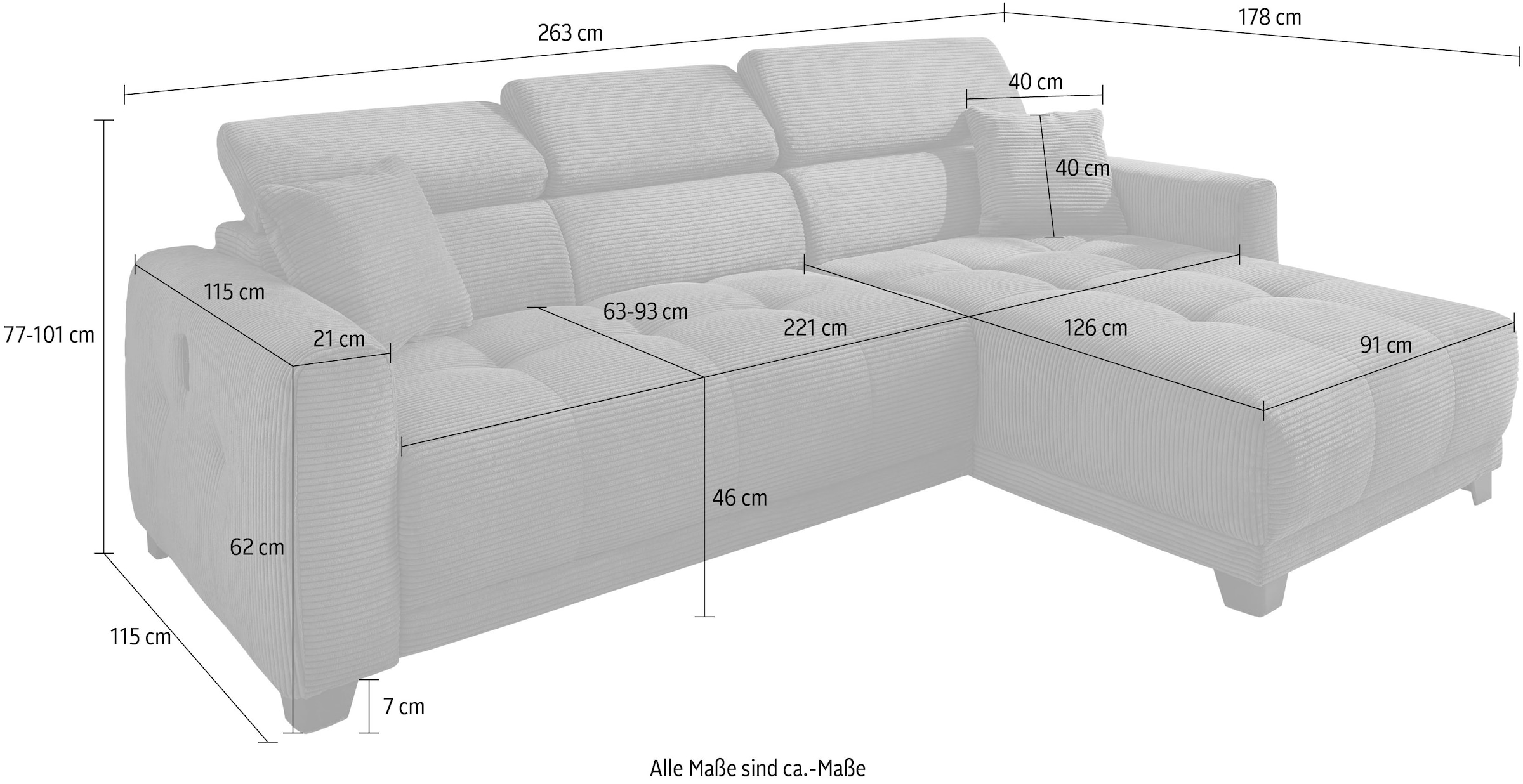 Jockenhöfer Gruppe Ecksofa »Cremona L-Form, B: 263 cm, mit 30 cm elektr. Sitztiefenverstellung« 140kg Belastbarkeit je Sitz, Kopfteilverstellung & USB-Anschluss