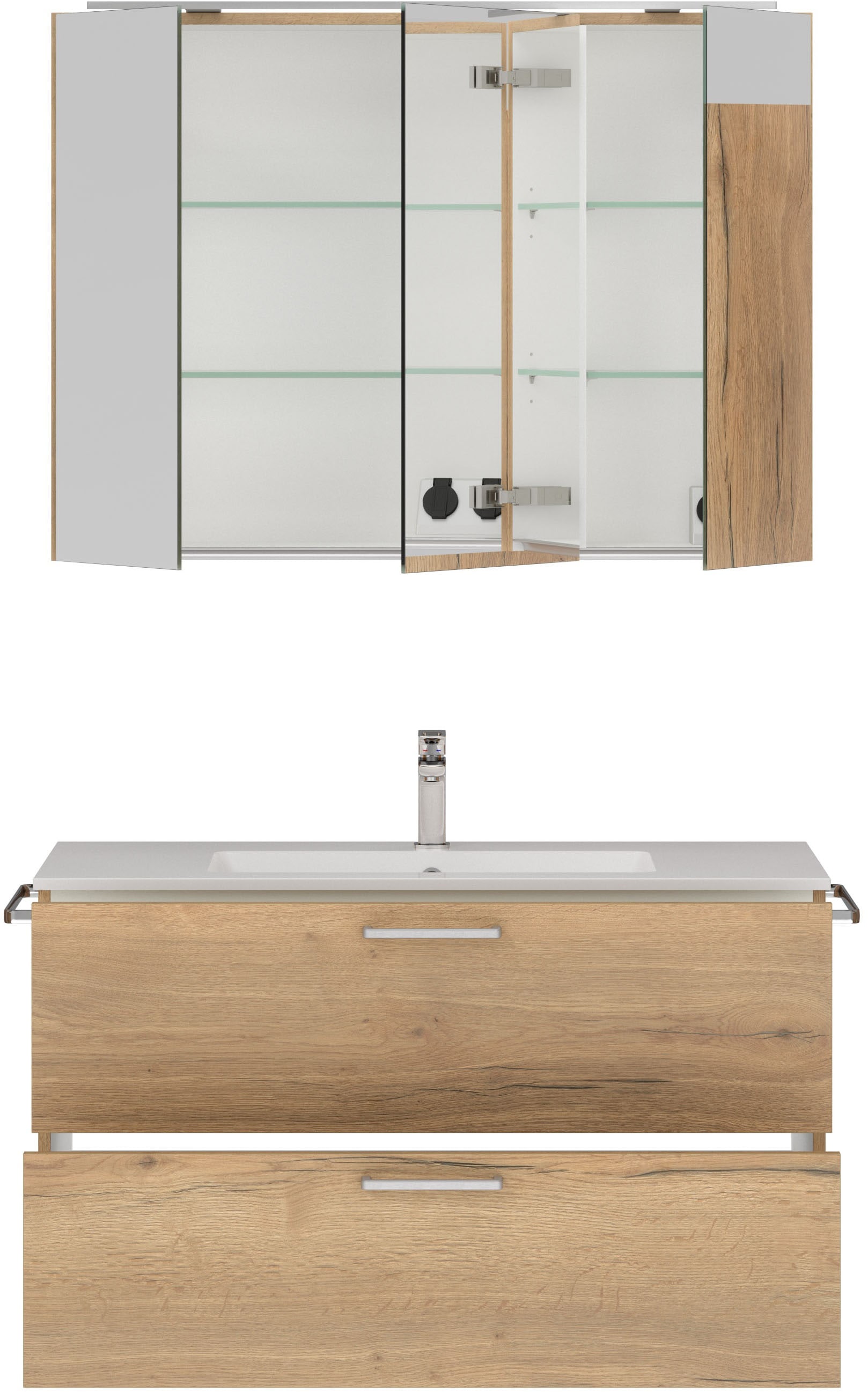 nobilia® Badmöbel-Set »Tolvina«, (2 St., vormontiert, mit Soft-Close), inkl. Spiegelschrank mit Beleuchtung und Dimmerfunktion, in 4 Breiten