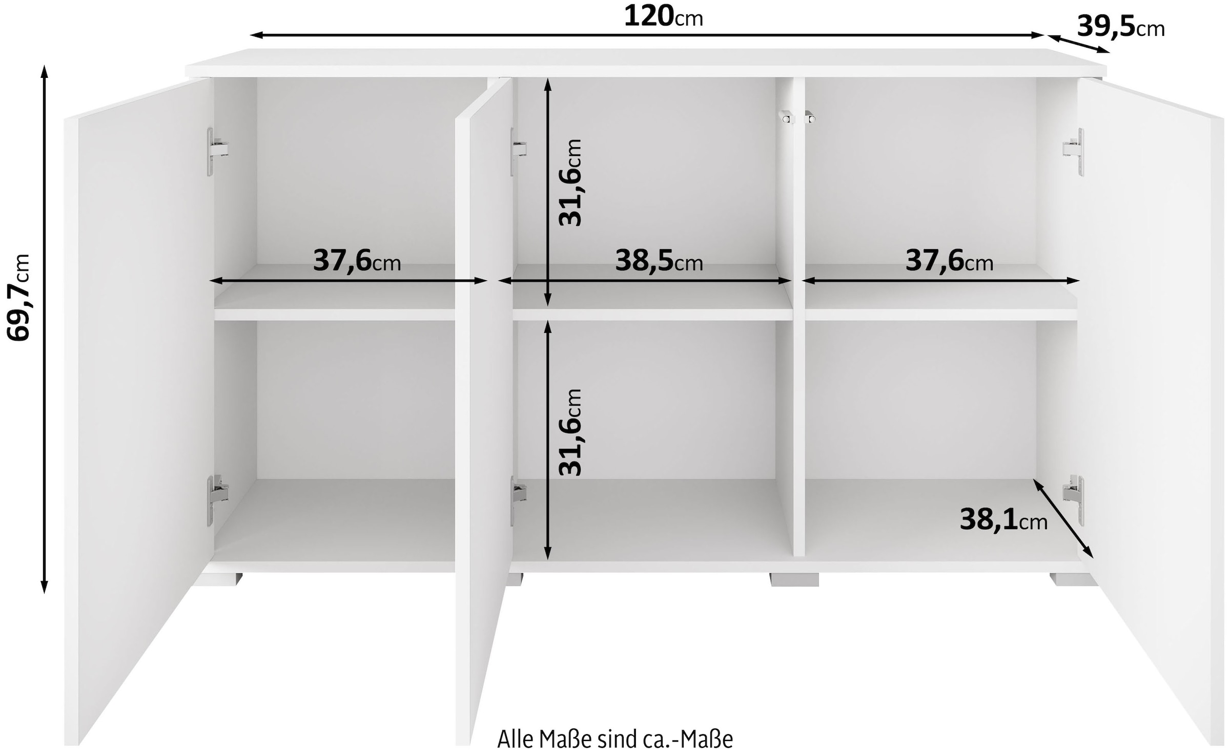 OTTO home Sideboard »Kenia, moderne grifflose Kommode mit 3 Türen, Breite 120 cm« 1 Stk. tlg. Push-to-Open-Fronten, höhenverstellbaren Einlegeböden