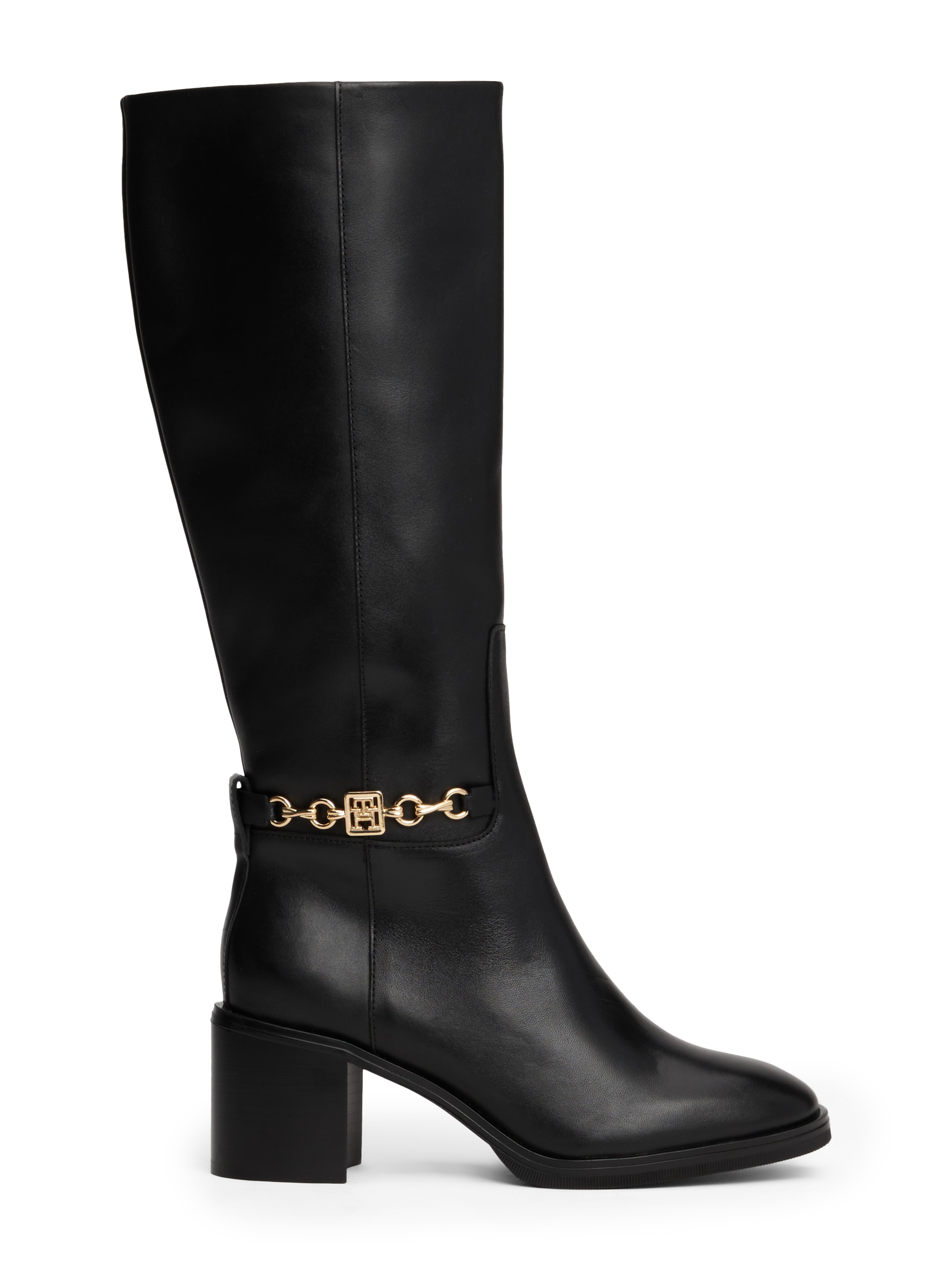 Tommy Hilfiger Stiefel »TH CHAIN LEATHER LONG BOOT«, Blockabsatz, Langschaftstiefel mit seitlicher Schmuckspange