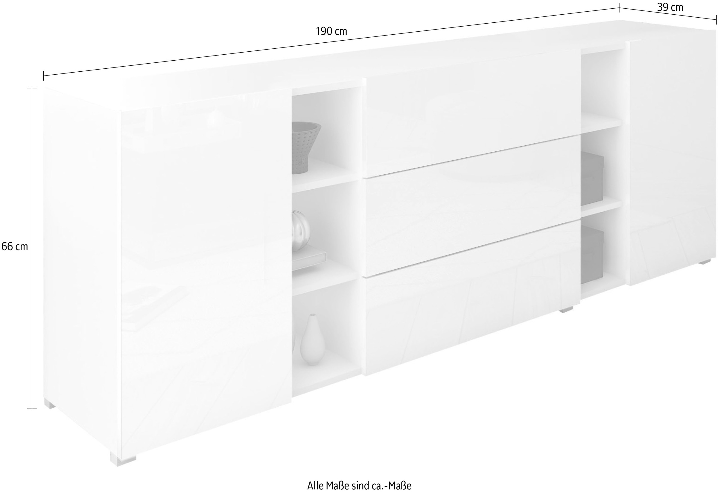 INOSIGN Sideboard »BERLIN«, Moderne grifflose Kommode Breite 190 cm, offene Fächern/ Schubladen