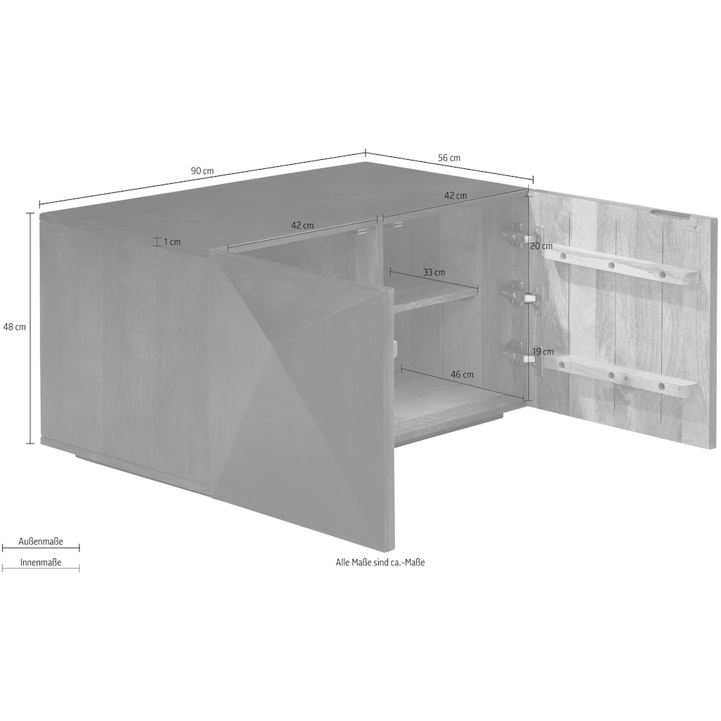 Home affaire Couchtisch »Diamond«, aus massivem Mangoholz mit 3D-Optik auf den Außenseiten, Breite 90 cm