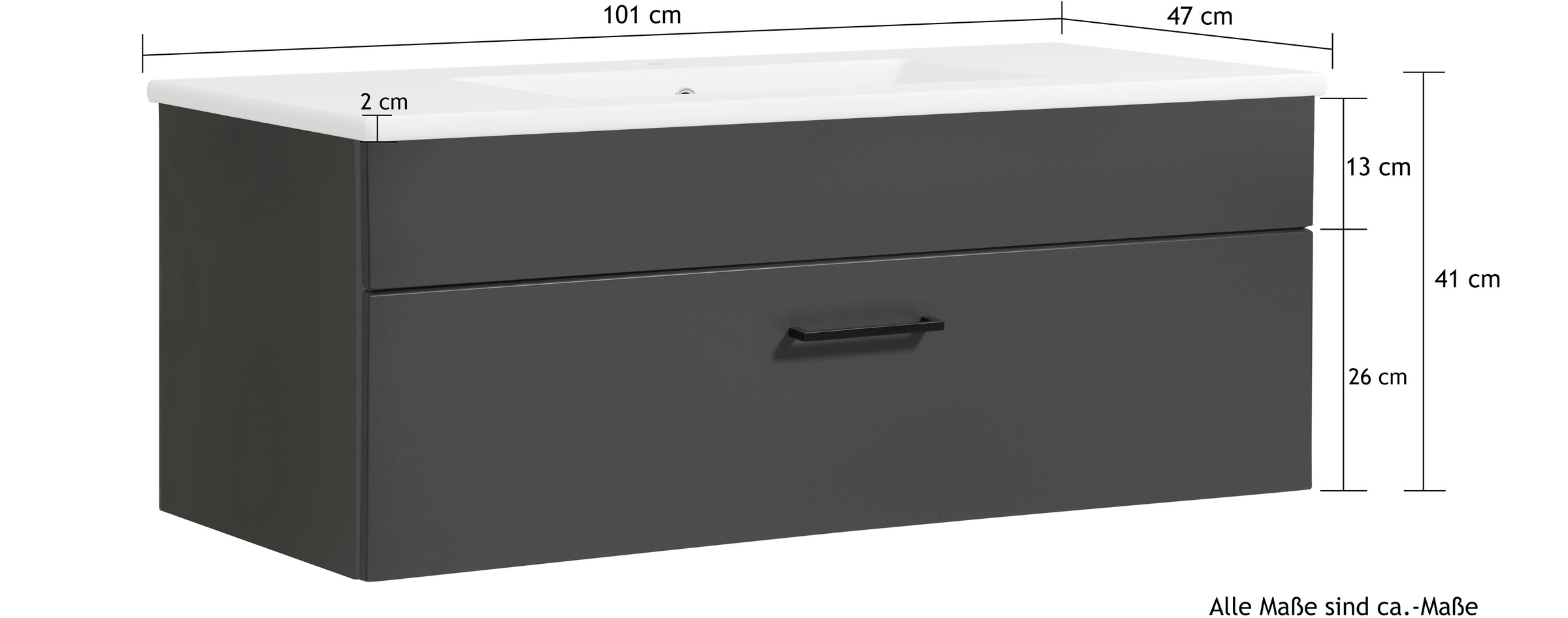 welltime Waschtisch »Trento Light mit Keramik-Auflagebecken«, 1 feste Blende und 1 Auszug, Breite: 101cm, Anthrazit Matt