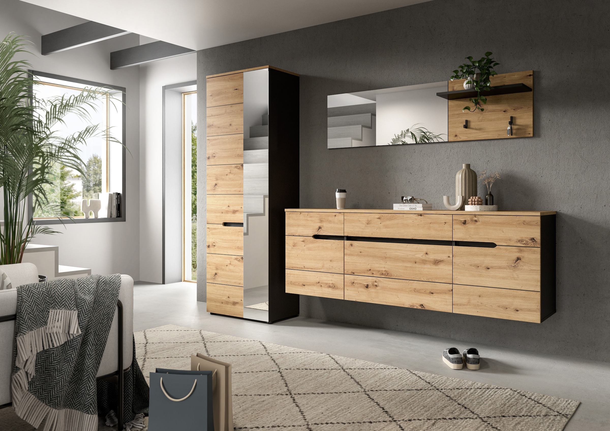 Home affaire Garderobenschrank »REHAT, TOPSELLER!, Breite 176 cm, hängende Montage, viel Stauraum« Platz für ca. 20 Paar Schuhe,  Garderobe, Flurschrank, Dielenschrank, Kleiderschrank, Garderobenmöbel