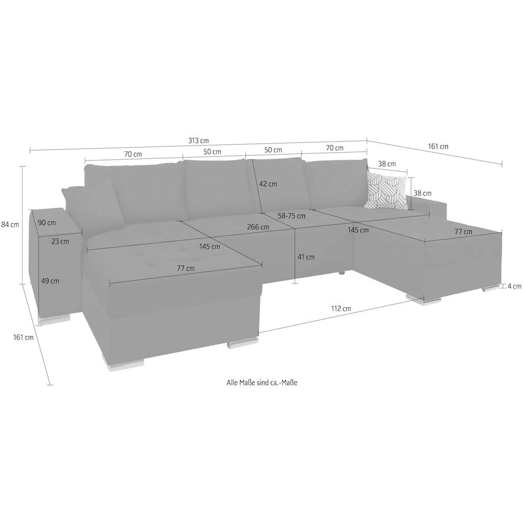 COLLECTION AB Wohnlandschaft »Josy U-Form«, inkl. Bettfunktion, Bettkasten und Zierkissen, mit 2 Recamieren