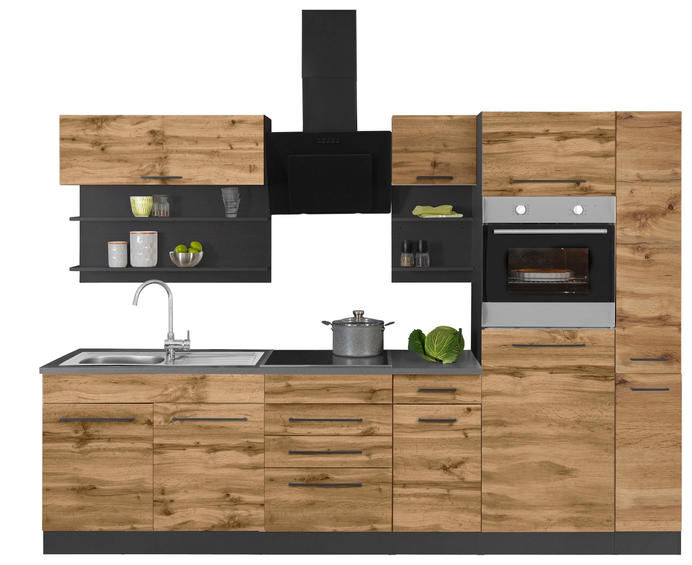 KOCHSTATION Küchenzeile »KS-Tulsa«, ohne E-Geräte, Breite 300 cm, schwarze Metallgriffe, MDF Fronten