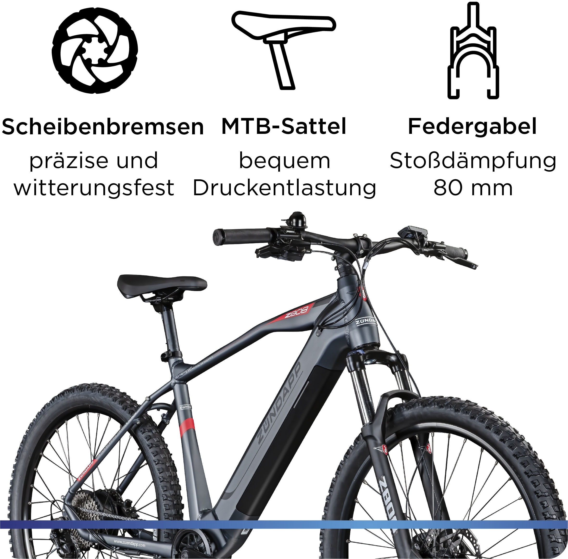 Zündapp E-Bike »Z808«, 10 Gang, Heckmotor 250 W, Pedelec, Elektrofahrrad für Damen u. Herren, MTB
