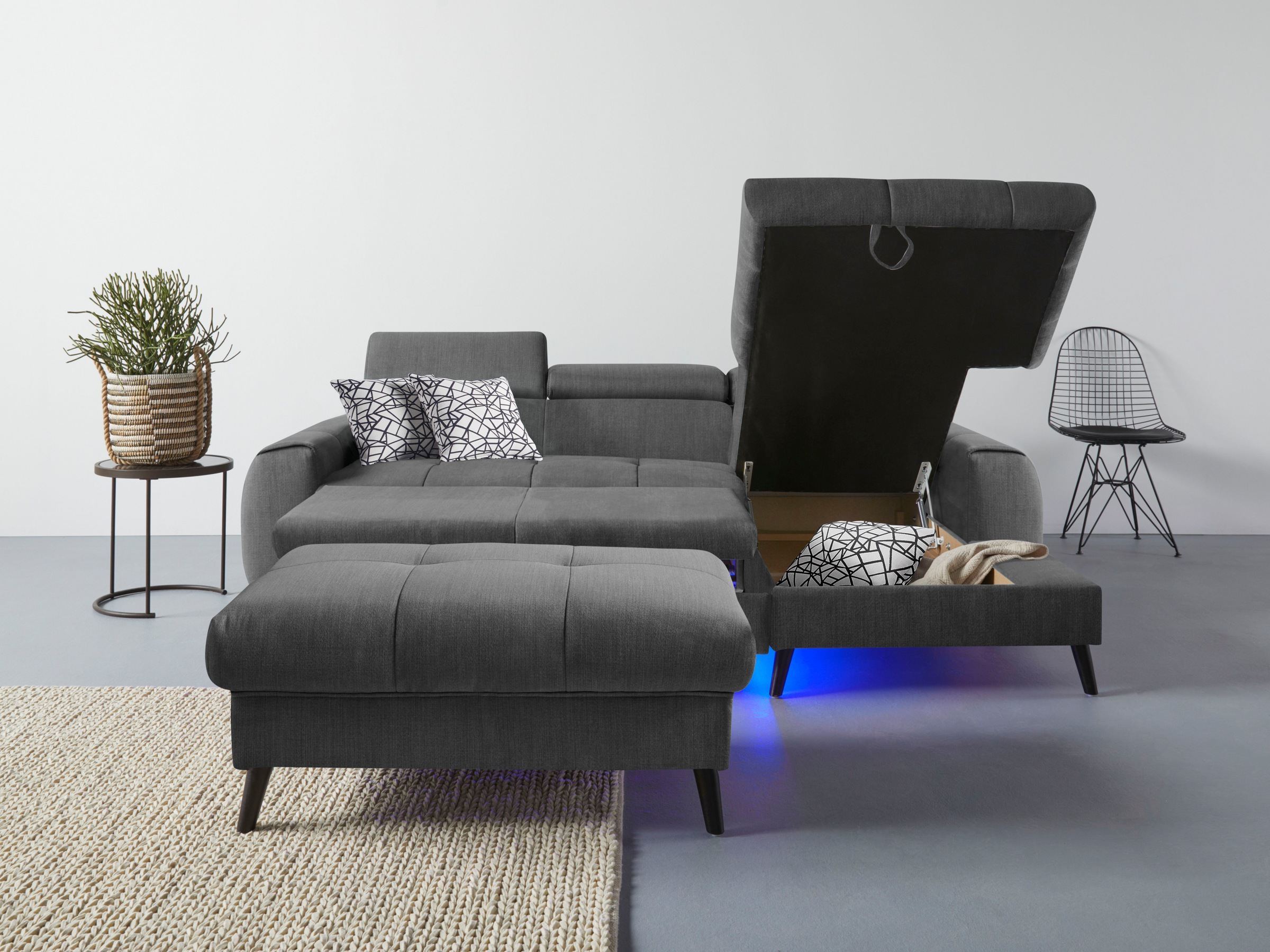 COTTA Ecksofa »Mia L-Form mit 3 Zierkissen«, wahlweise mit Bettfunktion, Bettkasten, Beleuchtung & Wireless-Charger