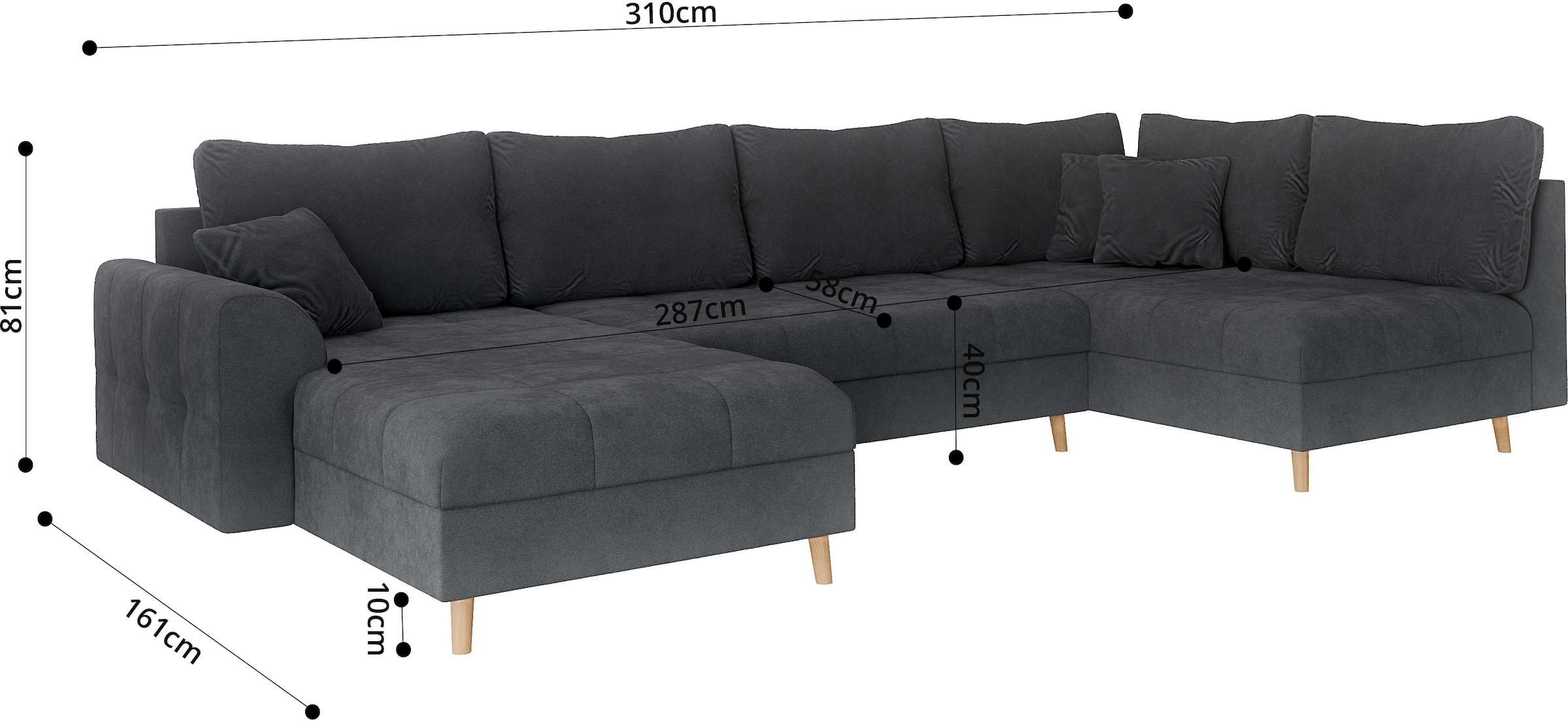 Home affaire Wohnlandschaft »CHARRE U-Form mit Ottomane, Maße B/T/H: 310/161/81 cm«, feine Steppung, lose Rücken- und Zierkissen, auch in Cord und Bouclé