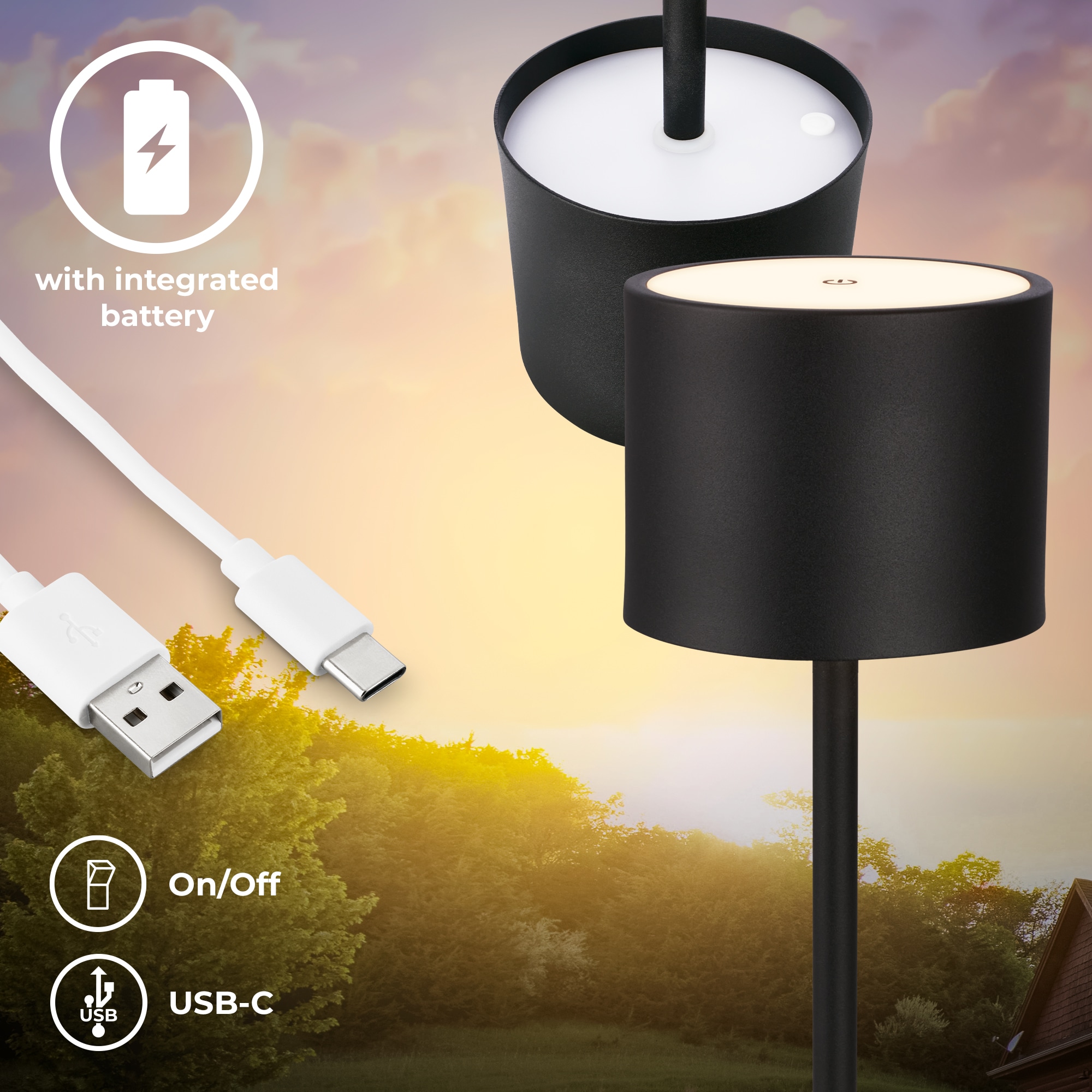 B.K.Licht Außen-Tischleuchte »BK_TL1608 Akku Tischlampe mit Ladestation, 3-Stufen Touchdimmer, IP44«, 1 flammig, Leuchtmittel LED-Modul | LED fest integriert, 3.000 K, 230 Lm, 2,5W, Akku wechselbar, max. 12h Leuchtdauer, Weiß