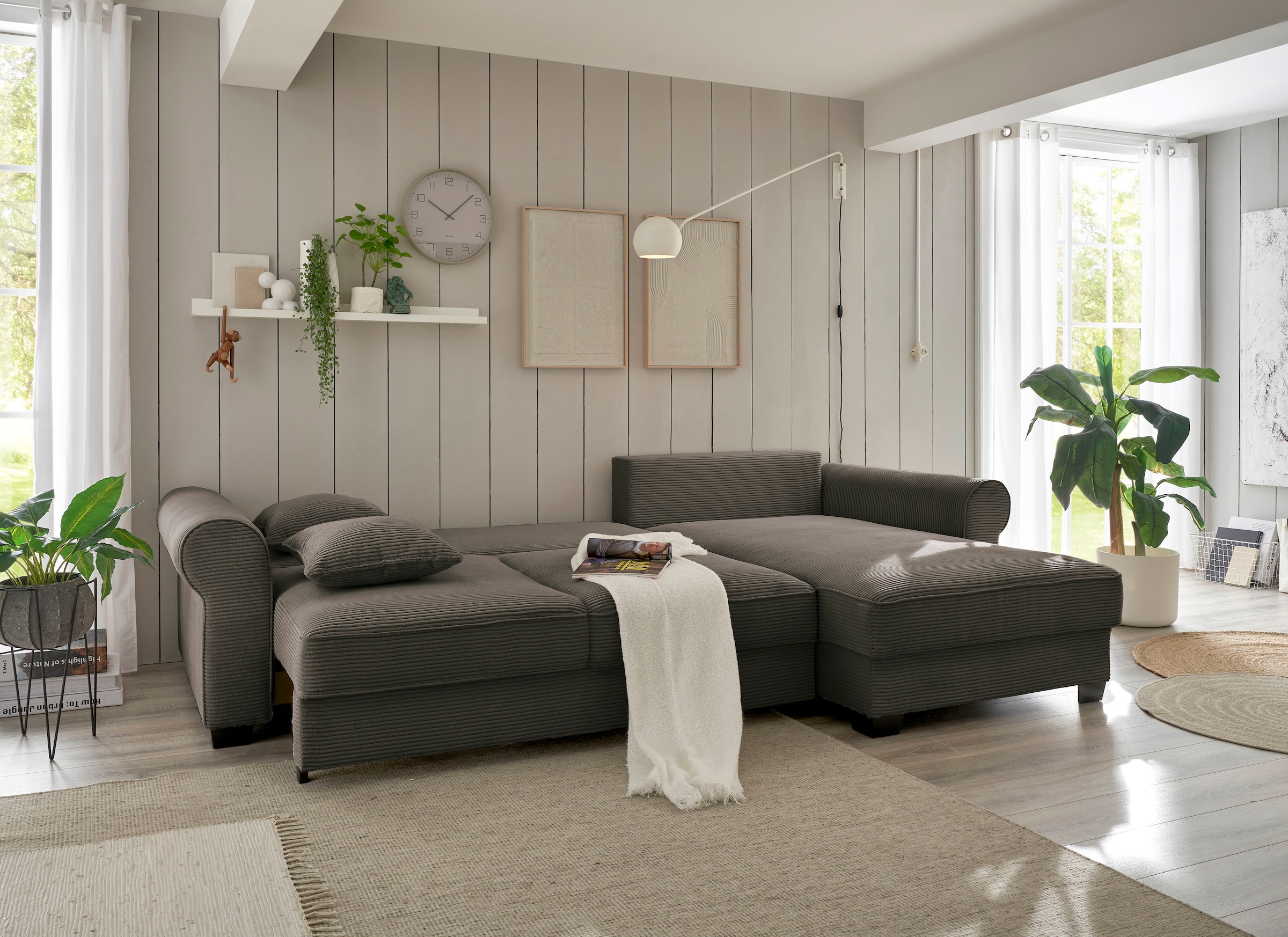 ED EXCITING DESIGN Ecksofa »Angelina L-Form« mit Bettfunktion, Bettkasten & 5 Zierkissen