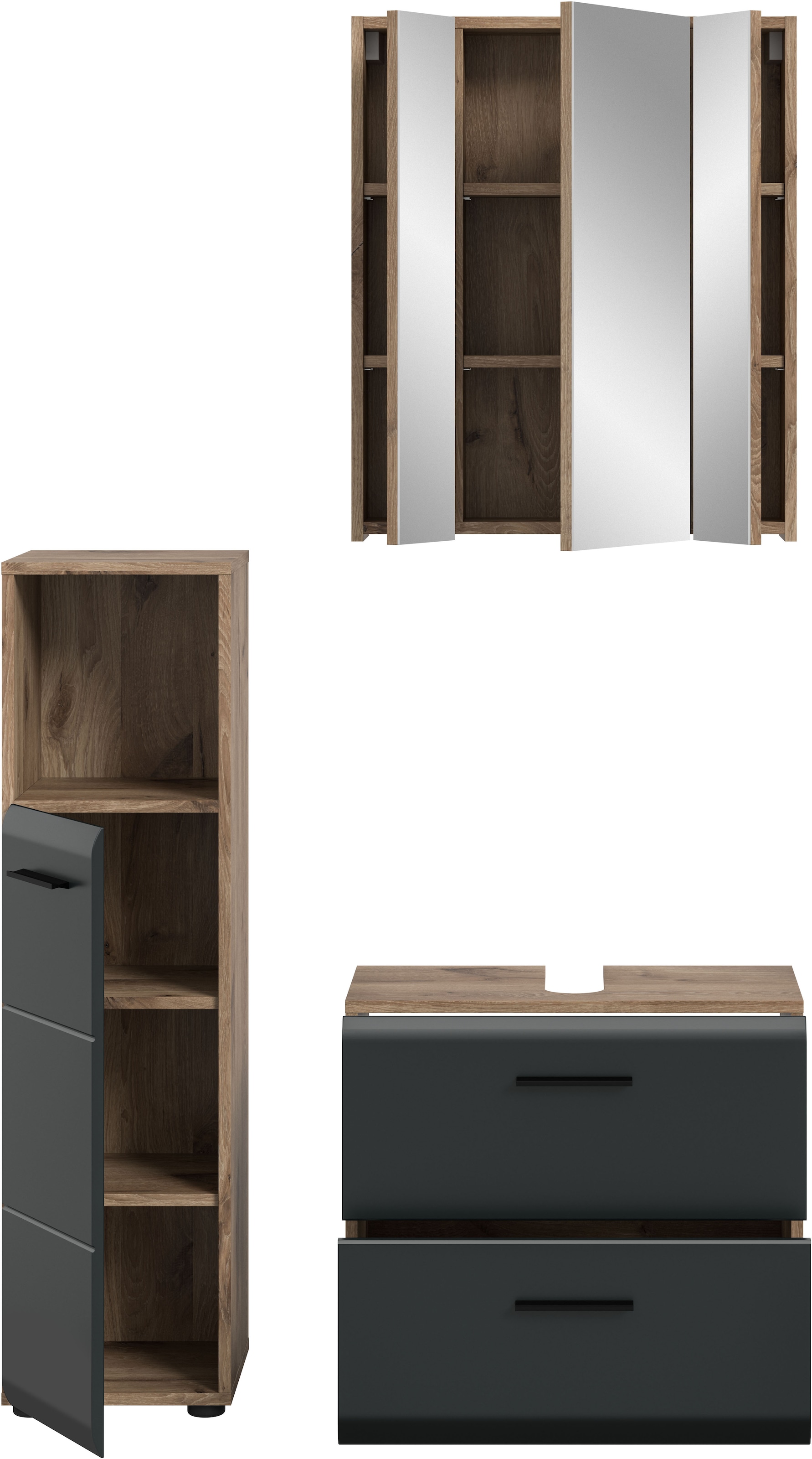 welltime Badmöbel-Set »FLORENZ,  3-teilige Badkombination, hochwertige MDF-Front« best. aus: Midischrank hoch, Waschbeckenunterschrank, Spiegelschrank, 