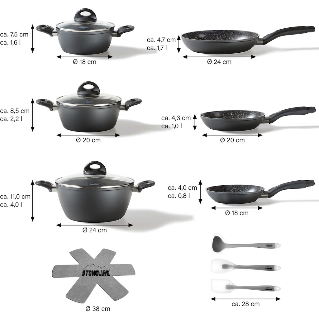 STONELINE Topf-Set, Aluminium, (Set, 14 tlg., Bratentopf 22 cm, je 1 Kochtopf 18/20 cm, je 1 Bratpfanne 16/20/24 cm)