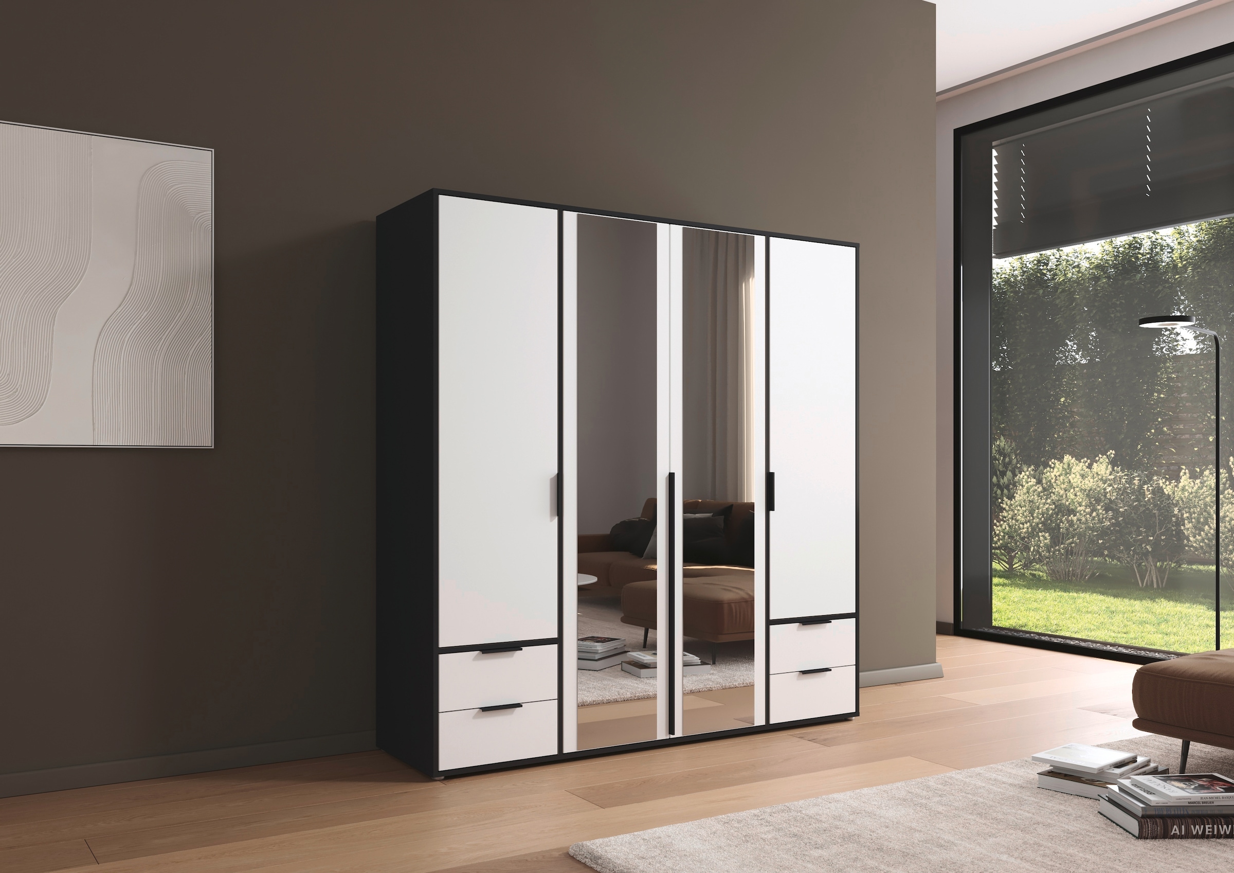 rauch Drehtürenschrank »Kleiderschrank Schrank Garderobe Wäscheschrank NAGATA mit Spiegel«, (in 3 verschiedenen Ausstattungen BASIC/CLASSIC/PREMIUM), und Schubladen sowie Stangengriffen TOPSELLER MADE IN GERMANY