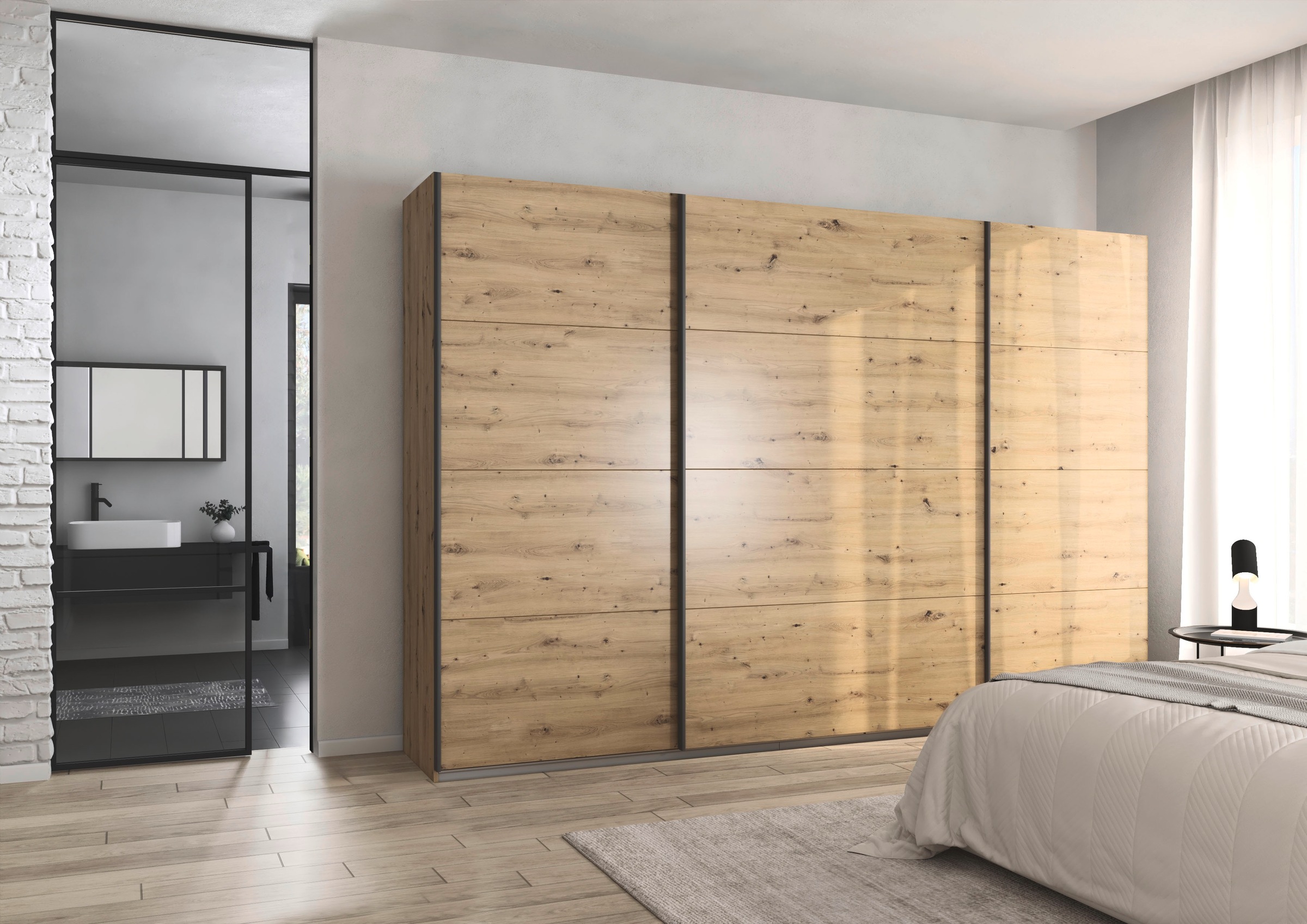 rauch Schwebetürenschrank »Kleiderschrank Schrank Garderobe AGORDO mit Dekor- oder Hochglanzfront«, (in zwei Griff-Farben), durchdachte Innenausstattung, in 4 Breiten und 2 Höhen MADE IN GERMANY