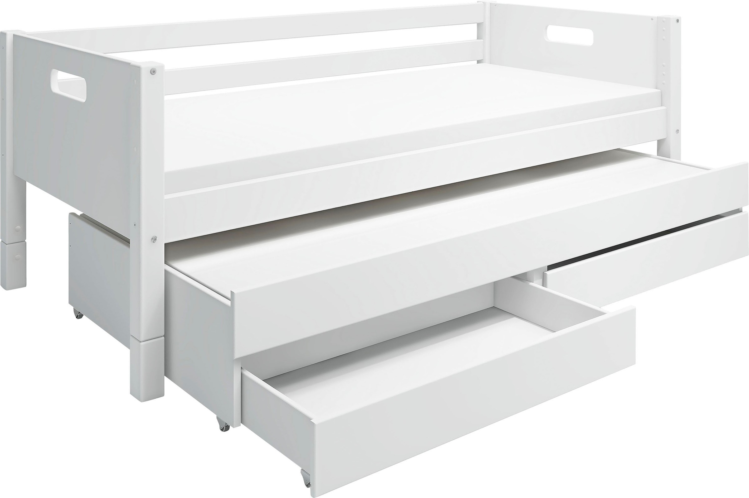 Einzelbett, Nordic produziert bei Flexa, incl Rollrost, weiß + weiß + weiß Hintere Absturzsicherung in Kiefer-Ausziehbett mit 2 Schubladen
