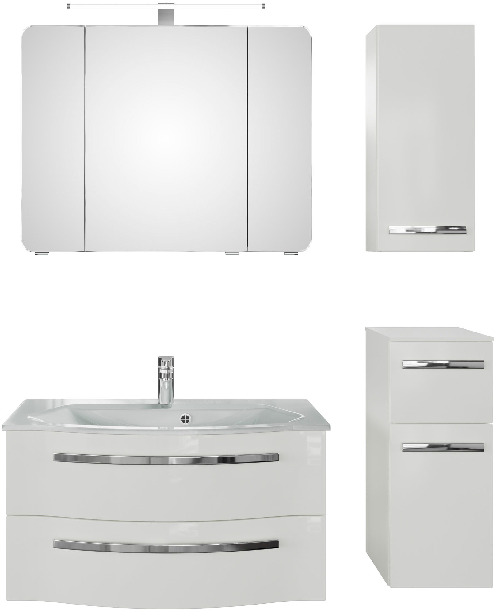 Saphir Badmöbel-Set »Serie 4005, vormontiert, Glaswaschbecken, Spiegelschrank«, (Set, 5 St.), Badezimmer-Set mit Unterschrank, Hängeschrank, Midischrank, Türdämpfer