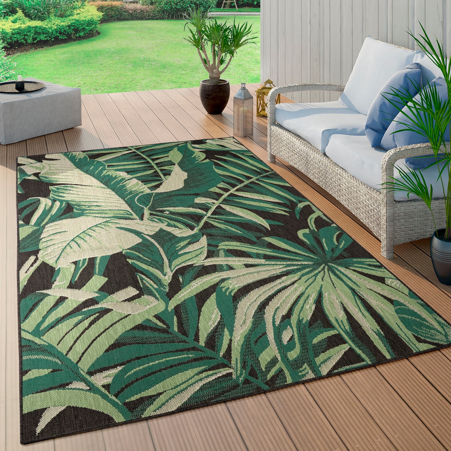 Paco Home Teppich »Ostende 551«, rechteckig, 4 mm Höhe, Flachgewebe, Motiv Palmenblätter, In- und Outdoor geeignet