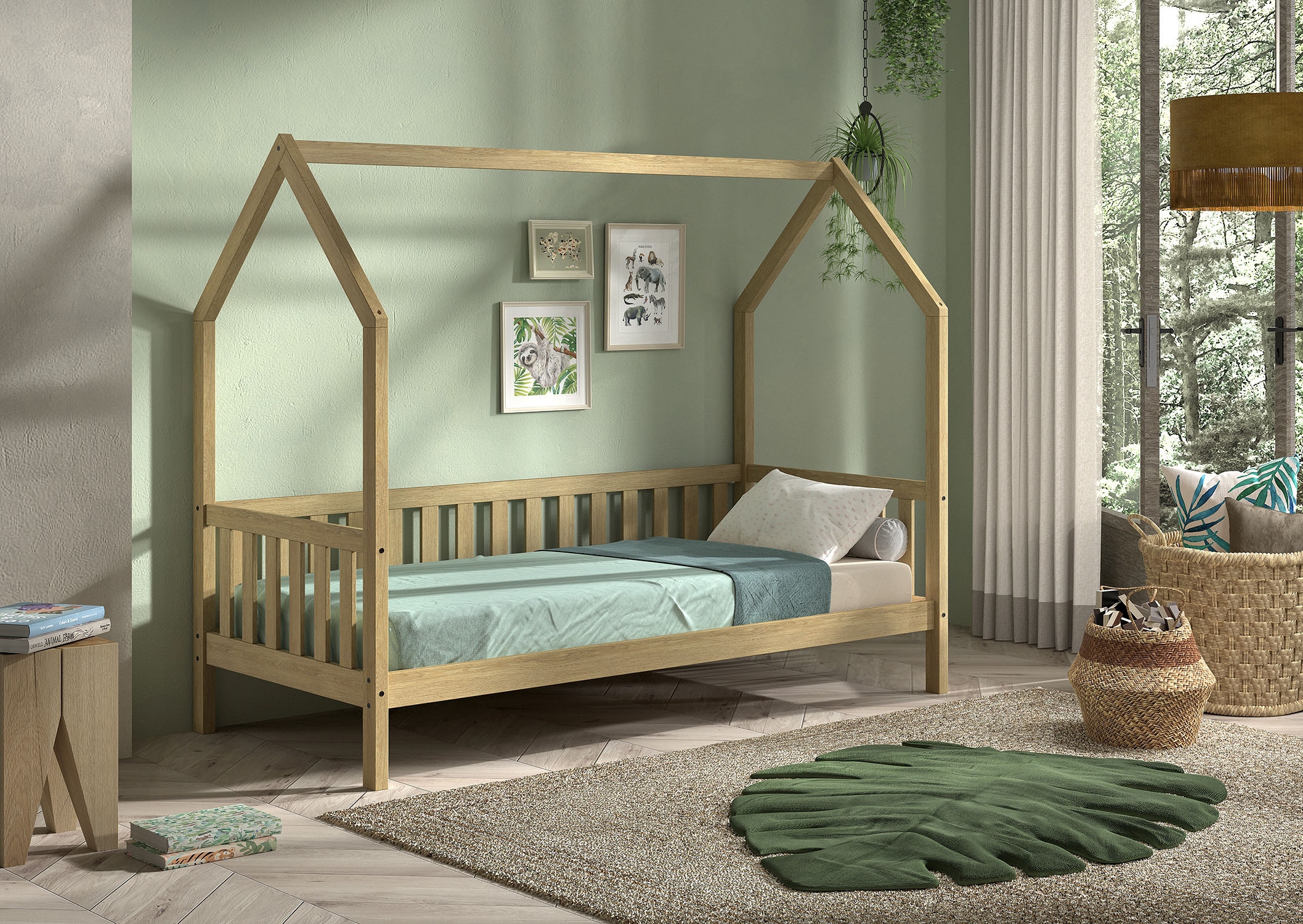 Vipack Hausbett »Cabane, mit Dachaufbau und Sprossenumrandung in Landhaus-Optik«, (B/H/T ca. 208x169x98 cm) aus massiver Eiche, Oberfläche Natur), sehr stabil und standfest gebaut inkl. Massivholz Rolllattenrost