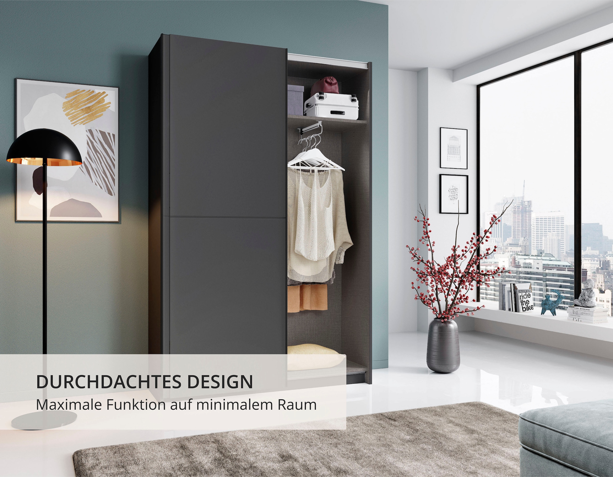 Schlafkontor Schwebetürenschrank »Heimo/Fast Schrank Kleiderschrank Garderobe«, geringe Tiefe, ausziehbarer Kleiderstange, Garderobenschrank, 6 Böden