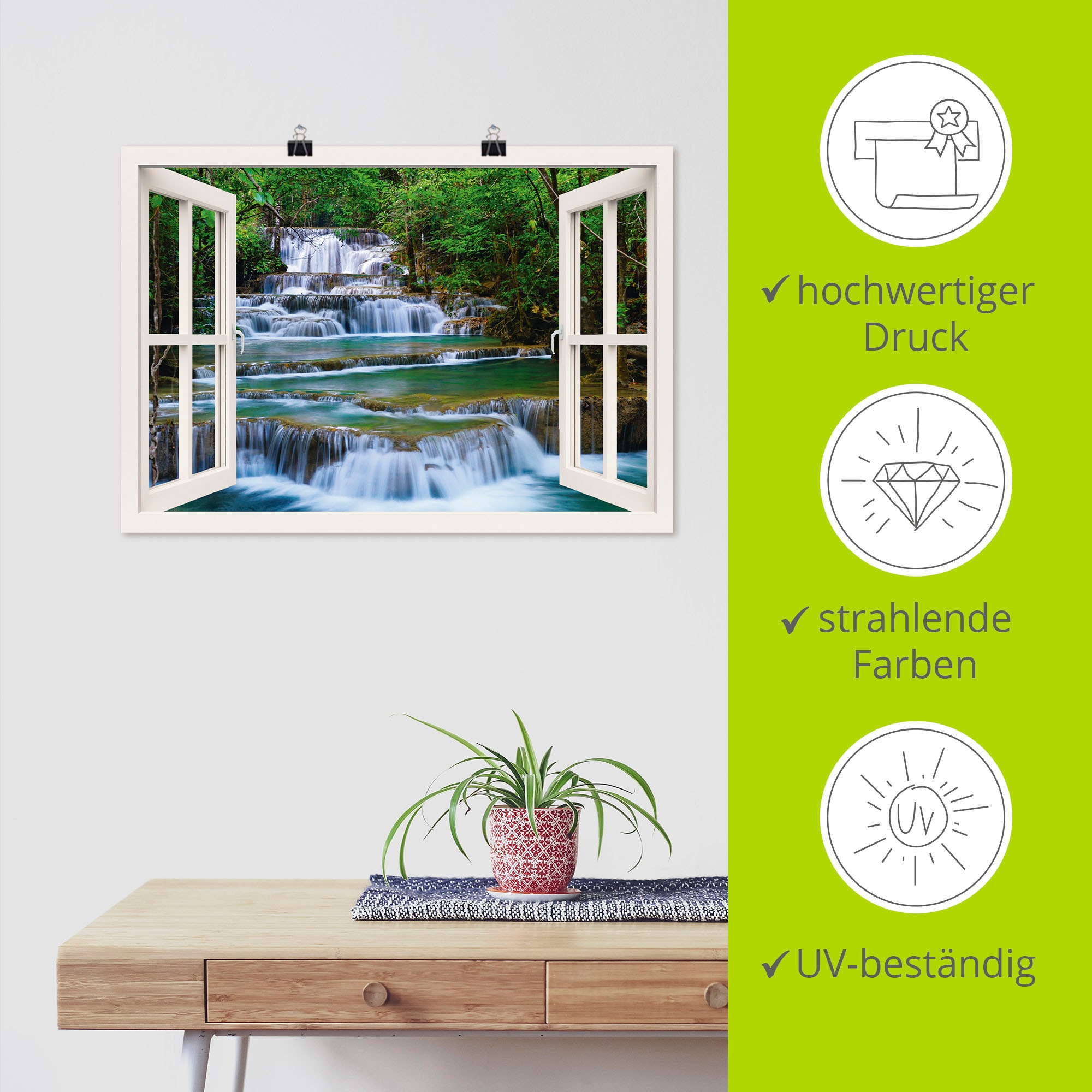 Artland Wandbild »Fensterblick Wasserfall in Kanchanaburi«, Fensterblick, (1 St.), als Leinwandbild, Poster, Wandaufkleber in verschied. Größen