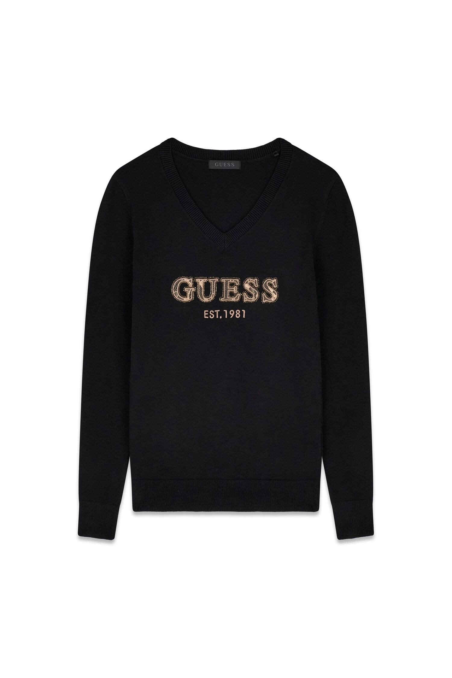 Guess V-Ausschnitt-Pullover »LS VN HANNAH LOGO SWTR« aus Viskosemix, Logoschriftzug