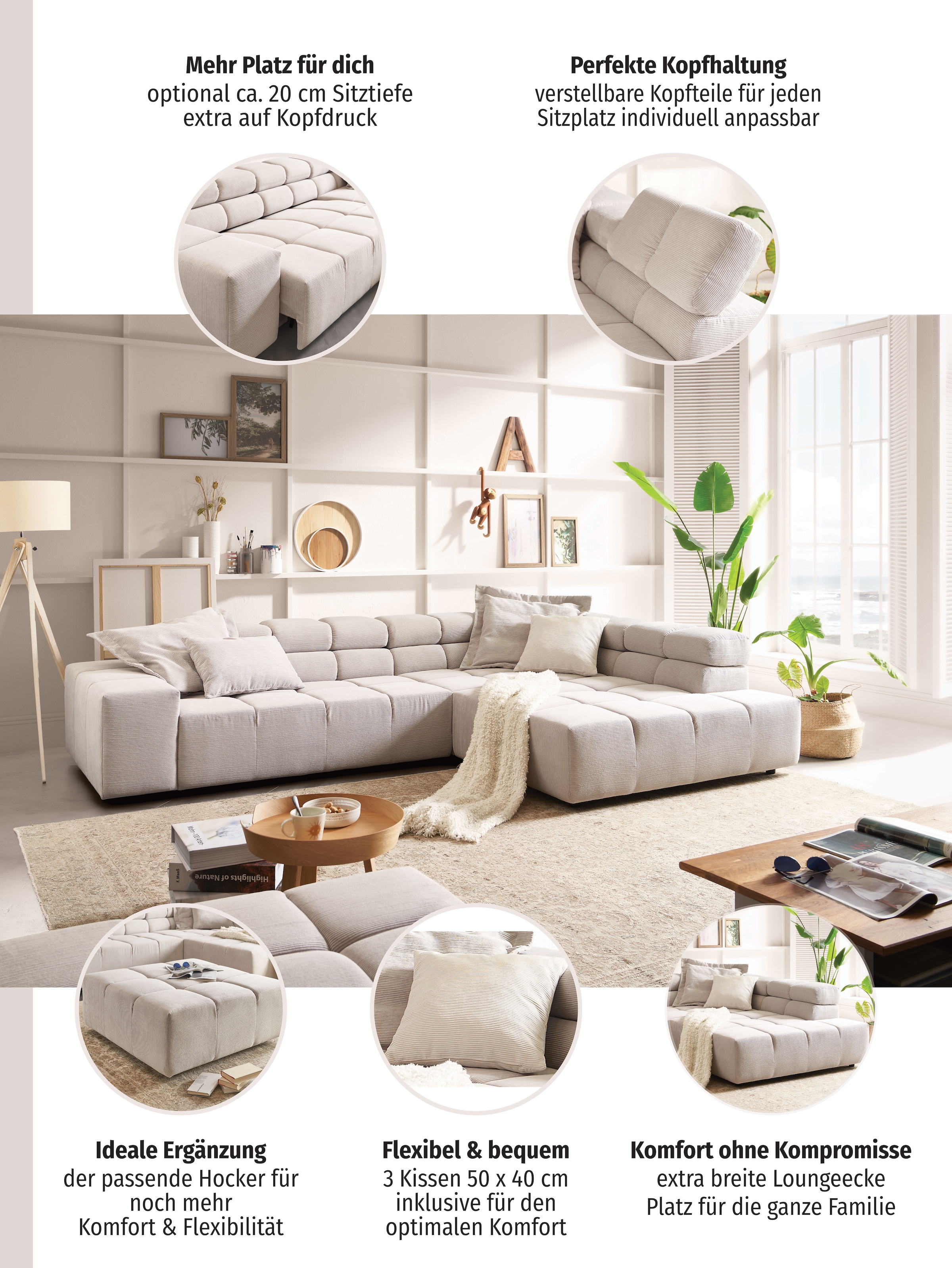 INOSIGN Ecksofa »Ancona incl. Kopfteilverstellung, OTTOs Choice, Breite 319cm, L-Form« wahlweise motorische Sitztiefenverstellung, auch in Cord + Easy Care