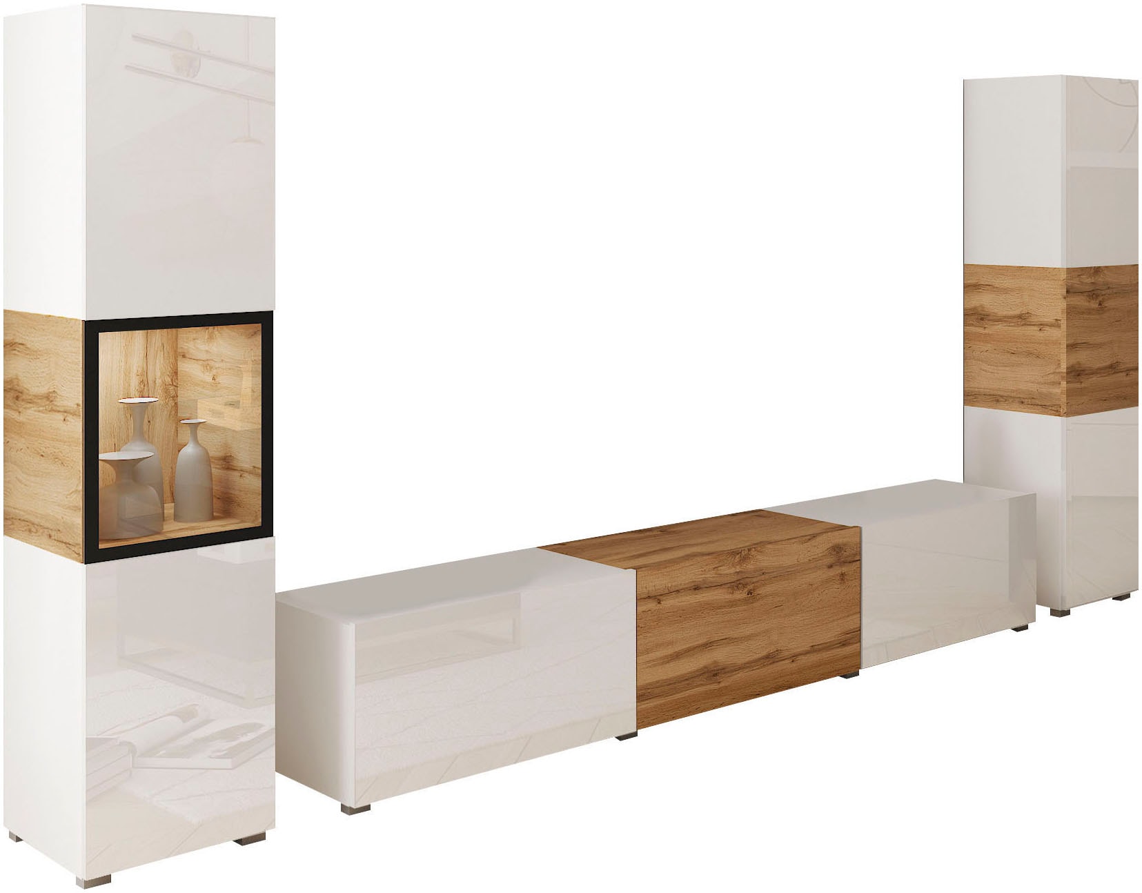 INOSIGN Wohnwand »BERLIN III«, (Komplett-Set, 3 St.), moderne grifflose Mediawand Breite 260 cm, Vitrine mit Verglasung