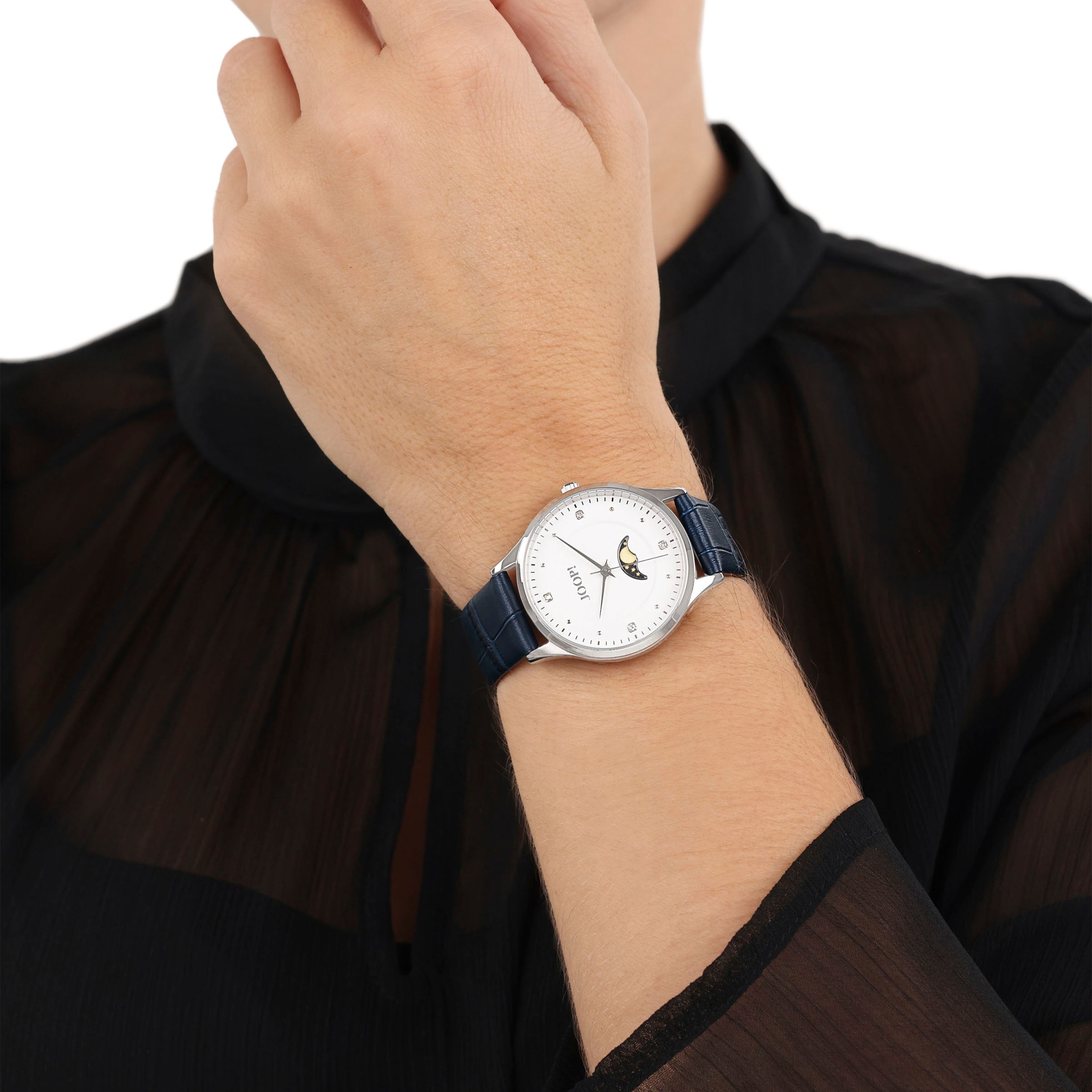 JOOP! Quarzuhr, Armbanduhr, Damenuhr, Lederarmband, analog,Zirkonia (synth.),Mondphase