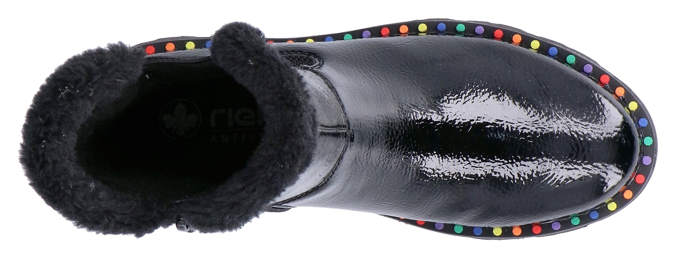 Rieker Winterstiefelette, Plateauboots, Winterboots, Lack-Stiefelette mit buntem Sohlenrand