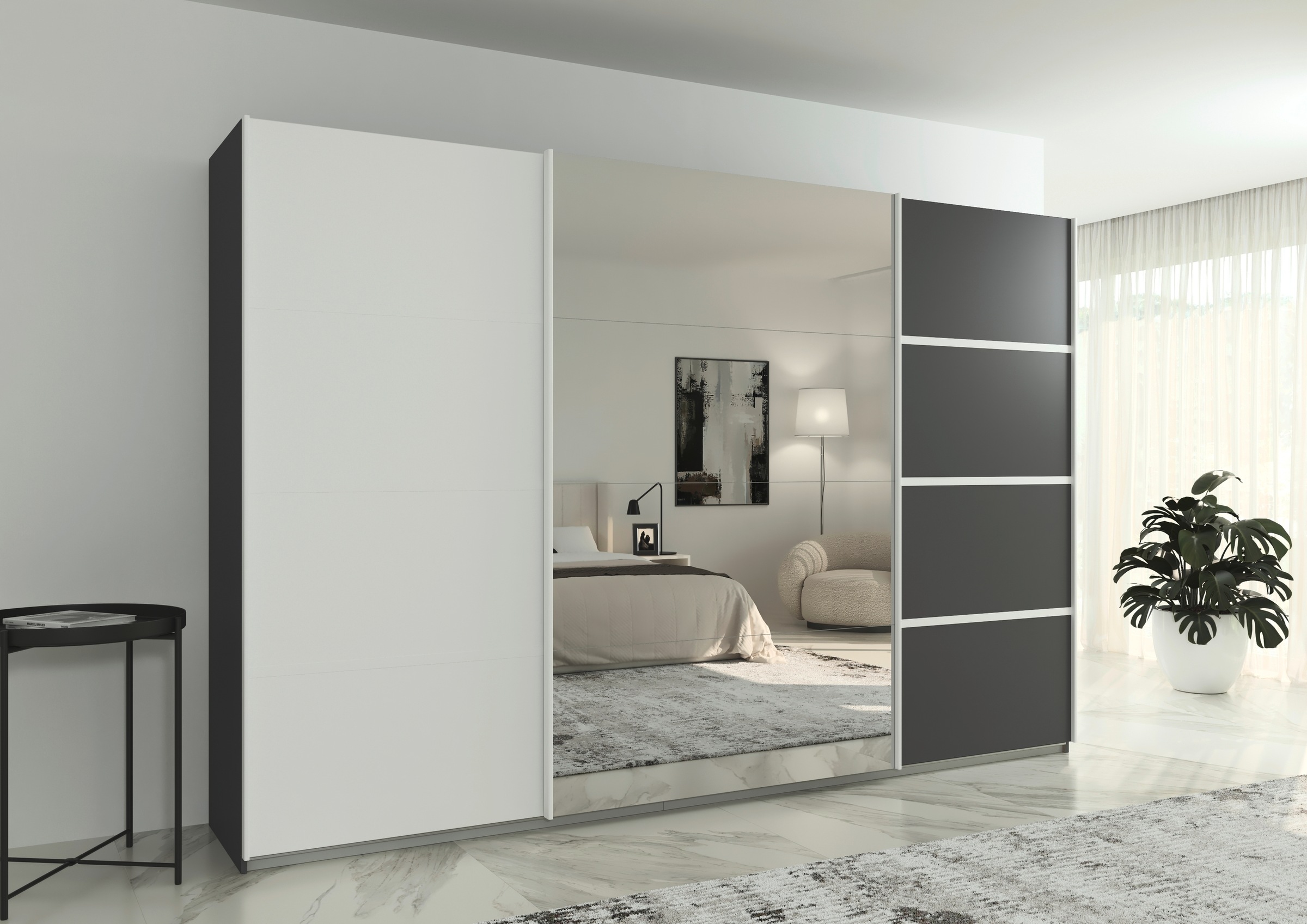 rauch Kleiderschrank »Schwebetürenschrank OTTO´s Choice Garderobe Schrank TOP ANGEBOT Avola«, (in 3 verschiedenen Ausstattungen BASIC/CLASSIC/PREMIUM inkl. Spiegel), mit eleganten Zierleisten in Chrom, Schwarz oder Weiß MADE IN GERMANY