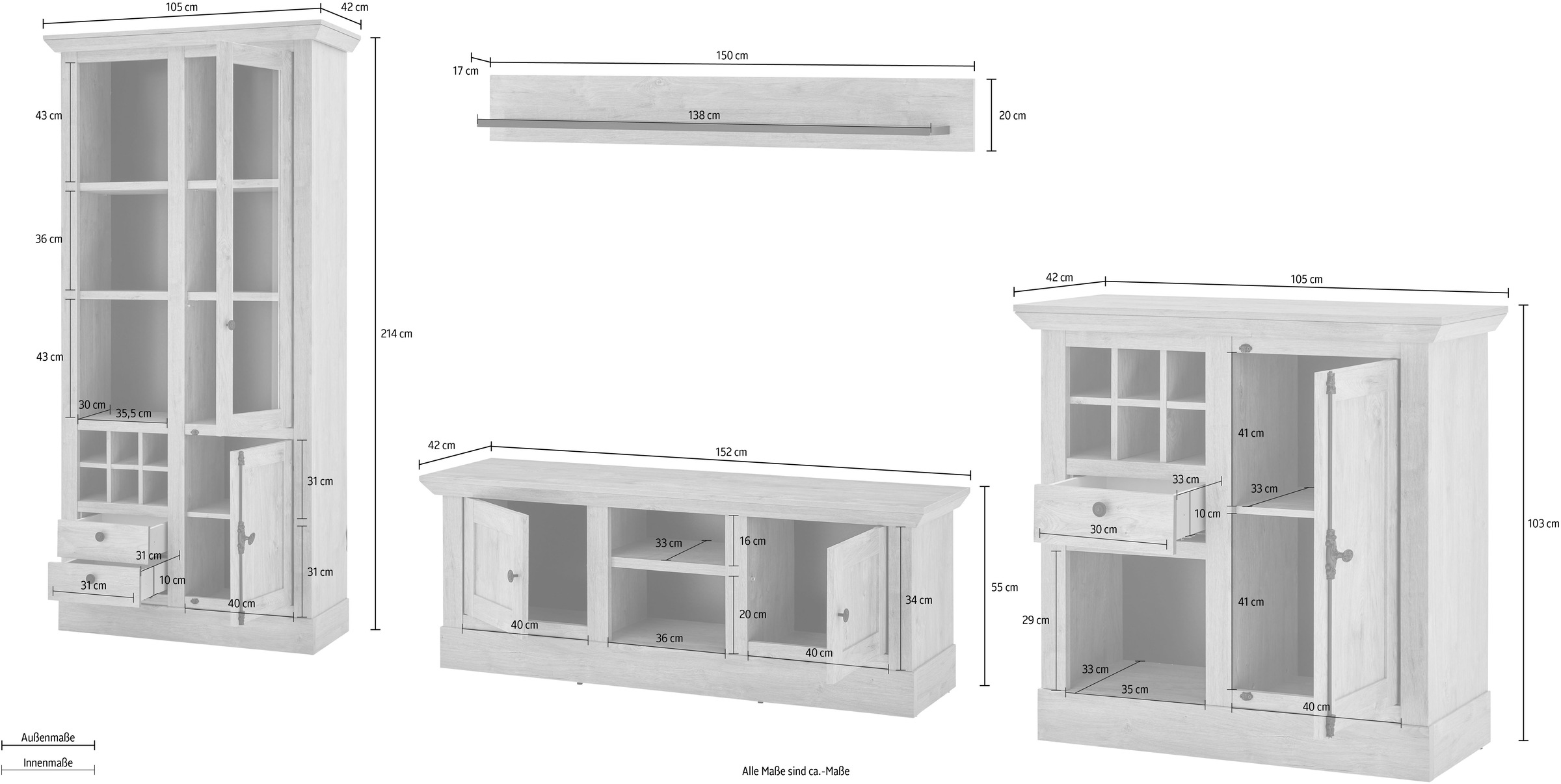Home affaire Wohnwand »Cornwall, Anbauwand im Landhausstil, Wohnzimmer-Set, Eiche Dekor«, (Set, 4 St.), enthält Vitrine, Lowboard, Kommode, Wandboard, 382 cm breit