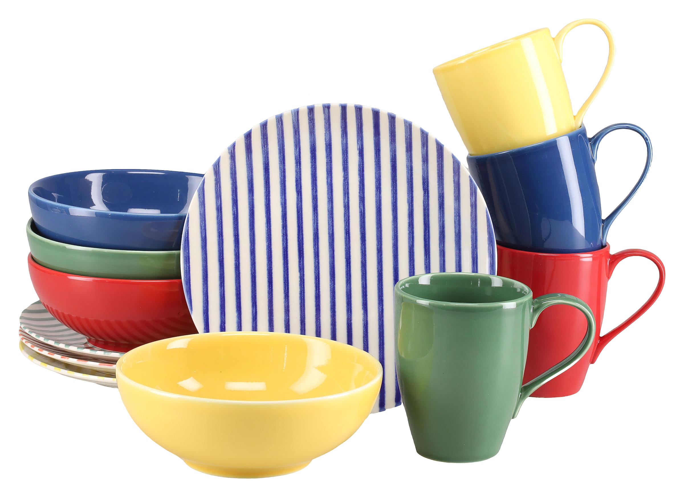 CreaTable Kaffeeservice »Mio Viva Bunt, Service, 12-tlg.« Handgemalte Optik, keramische Motive kombiniert mit Farbglasuren